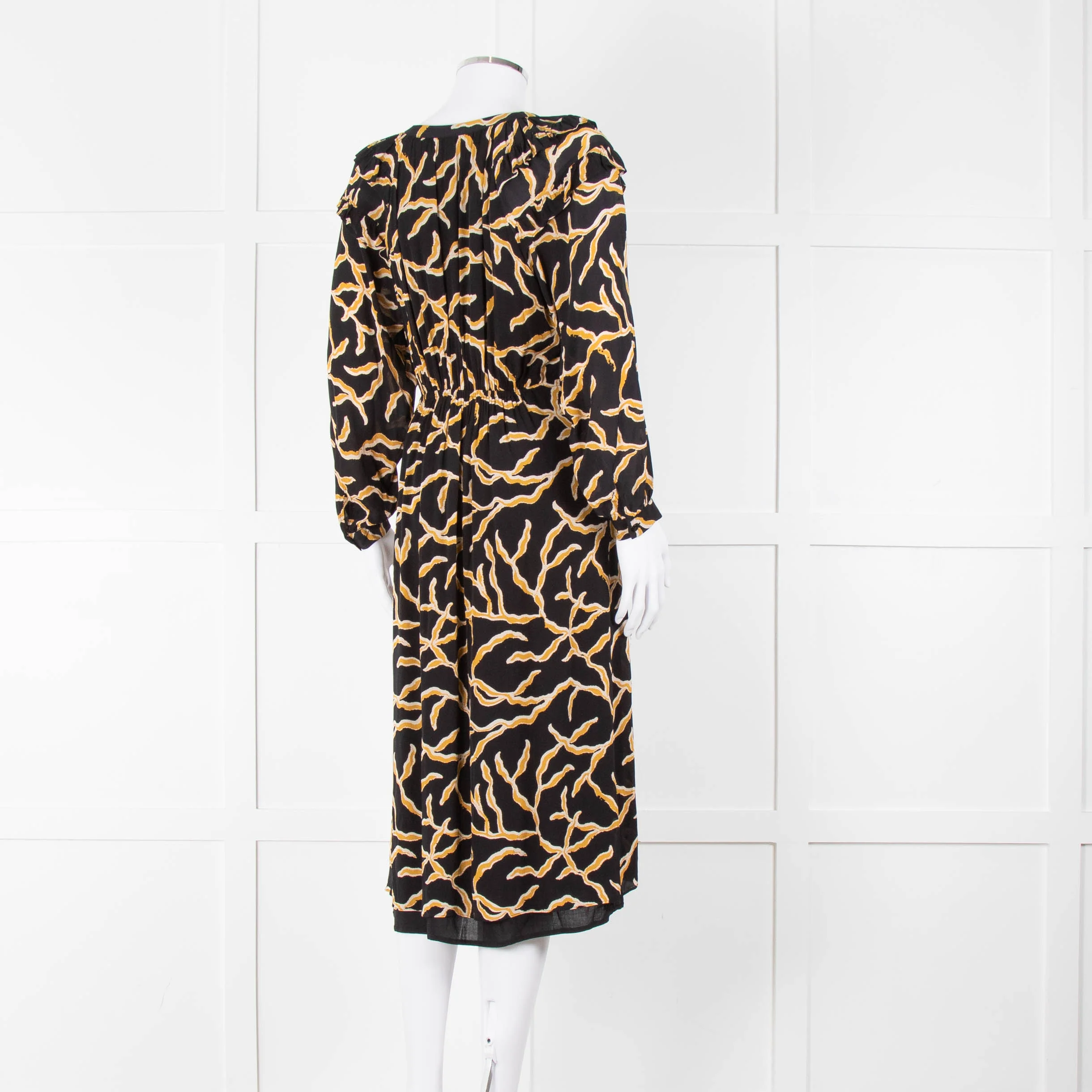 Ba&sh Black Gold Cream Branch Print Sleeved Midi Dress - Image 4