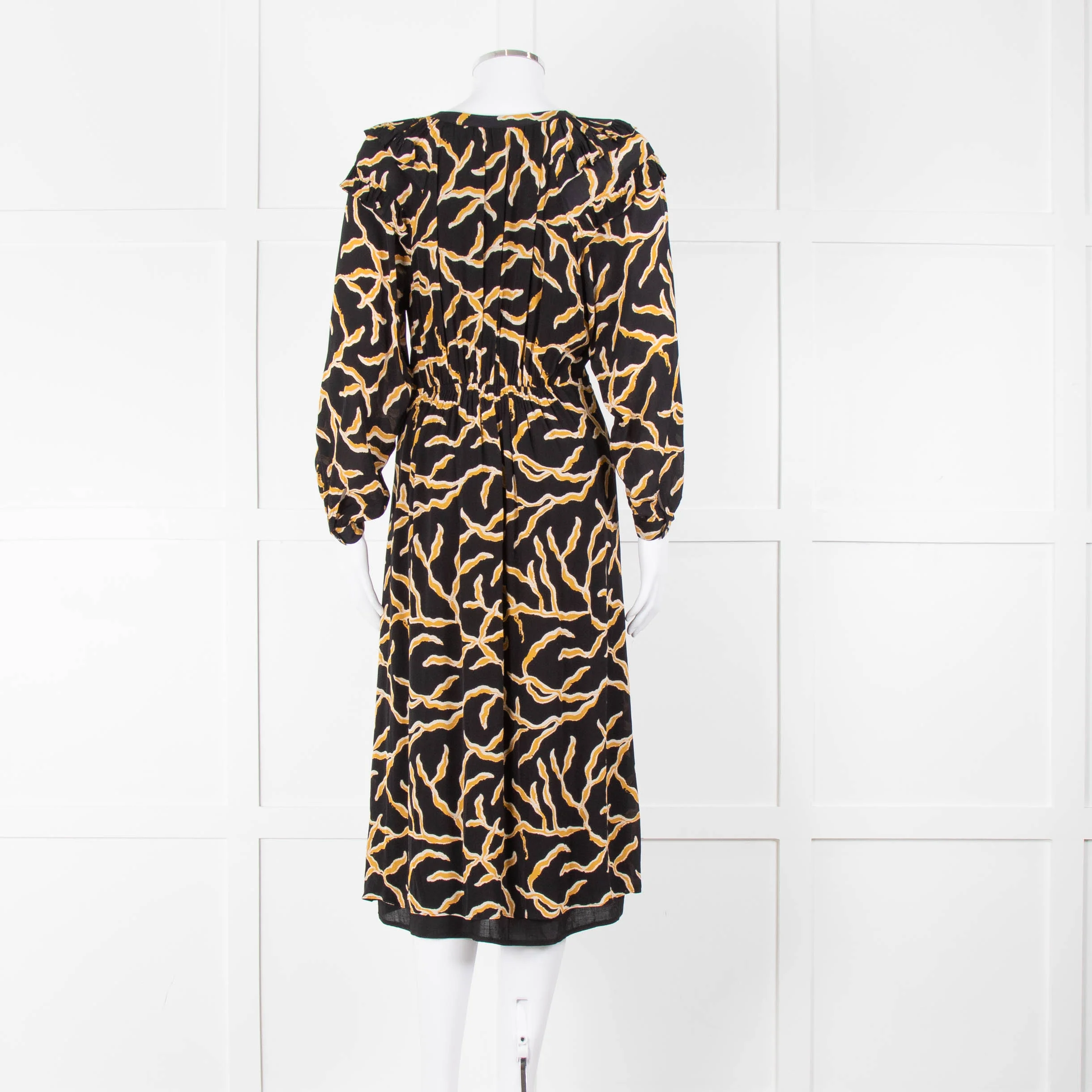Ba&sh Black Gold Cream Branch Print Sleeved Midi Dress - Image 5