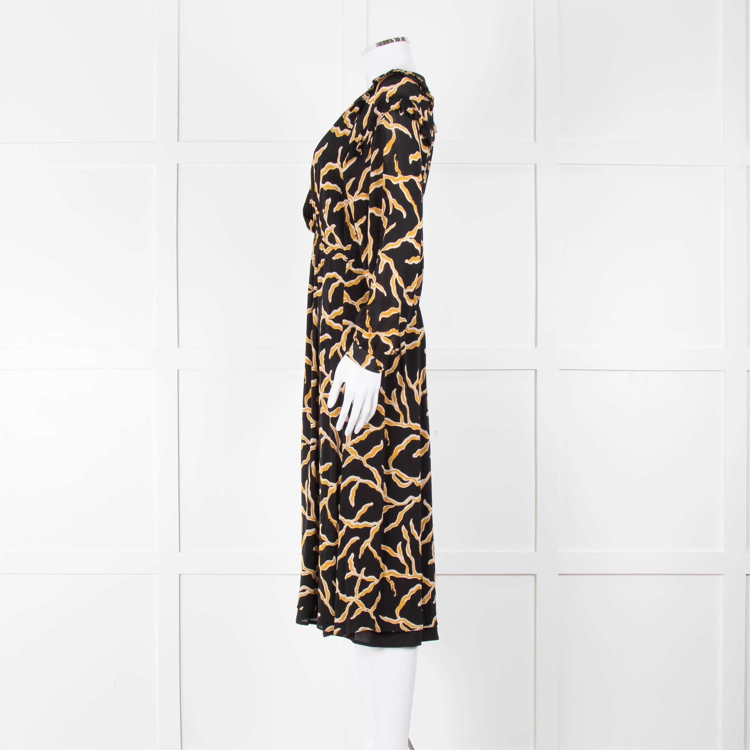 Ba&sh Black Gold Cream Branch Print Sleeved Midi Dress - Image 7