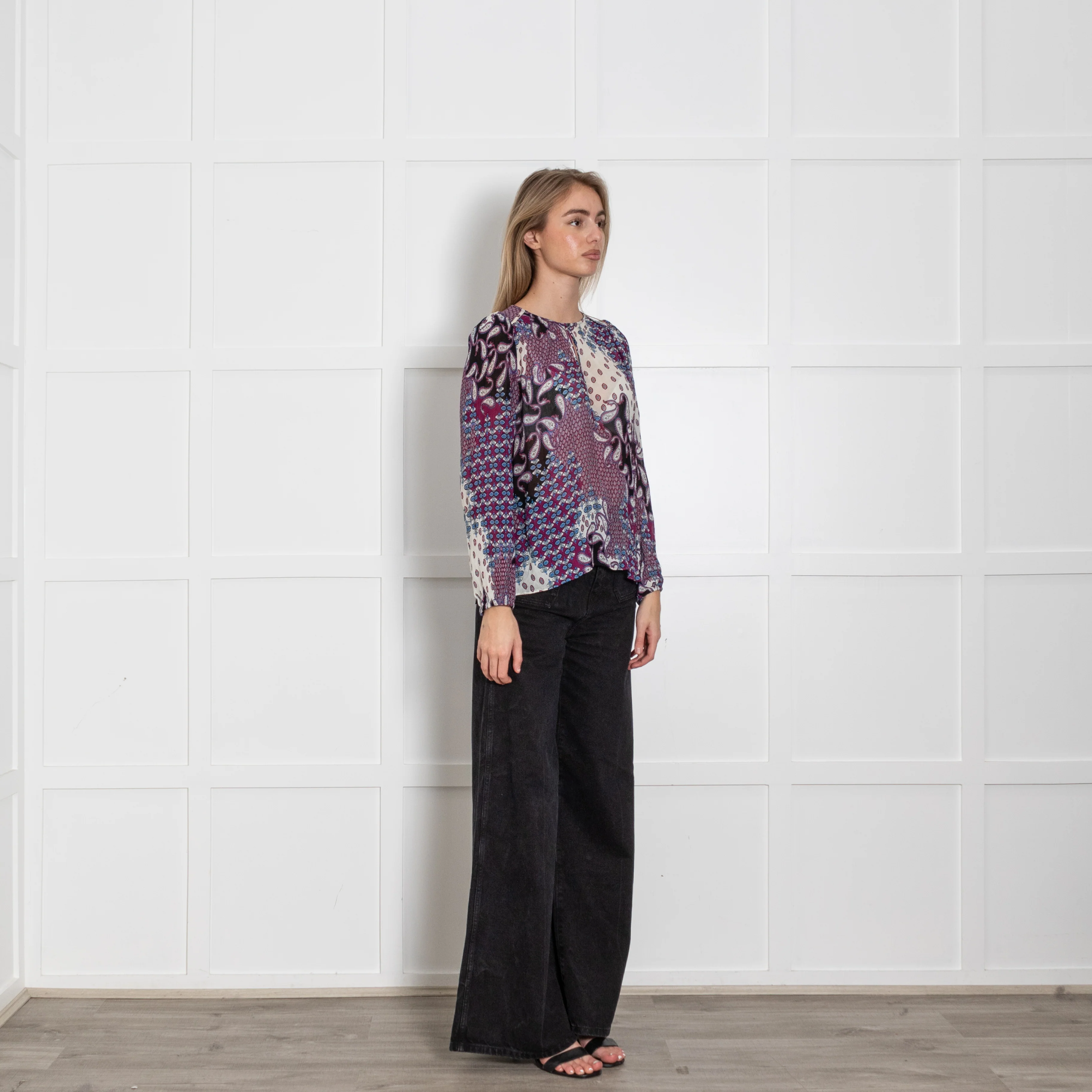 Ba&Sh Black Purple White Paisley Long Sleeve Top - Image 7