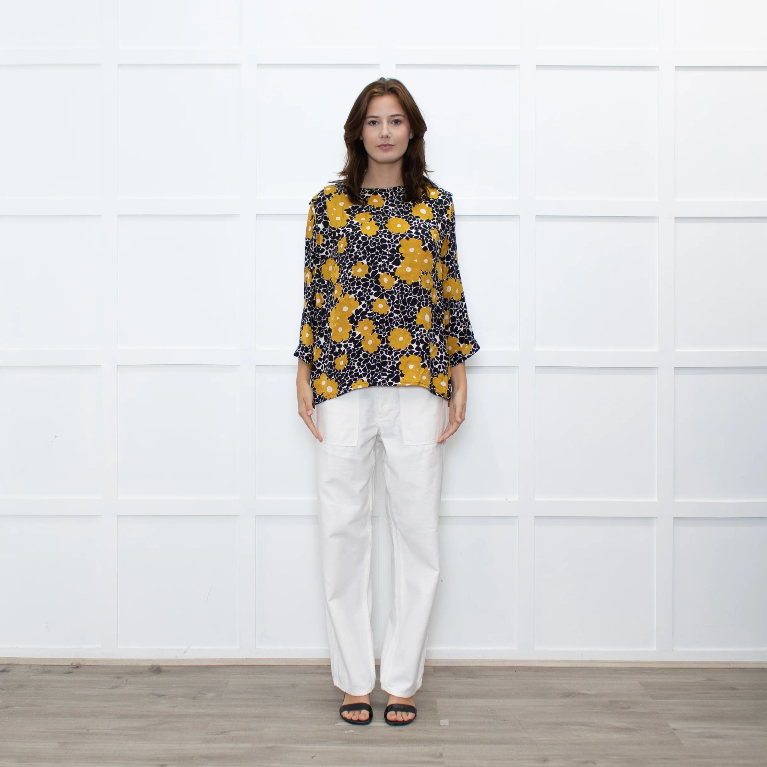 Ba&sh Black White Gold Flower Over Sized Top
