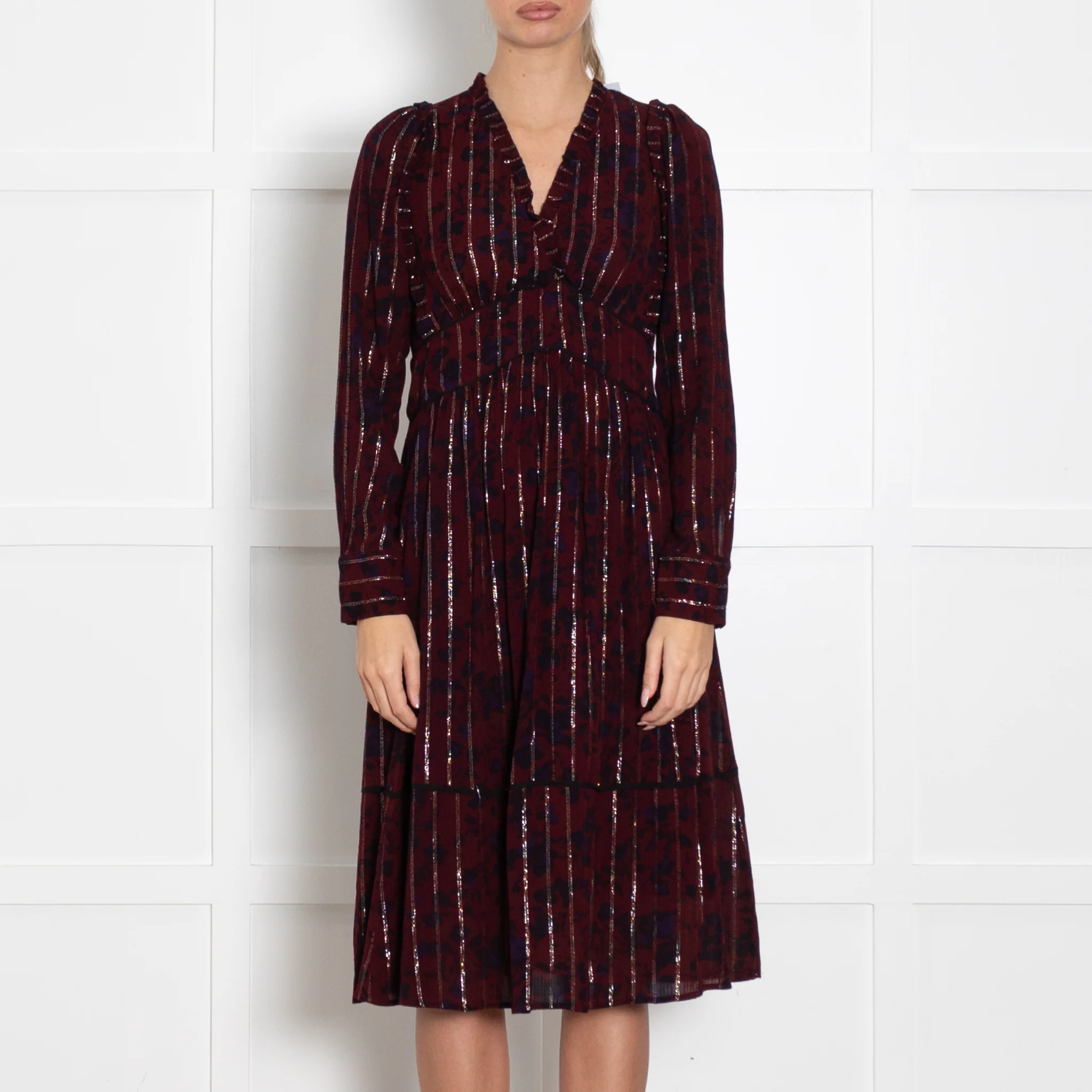 BA&SH Burgundy Navy Silver Tread Midi Long Sleeve Dress - Image 2