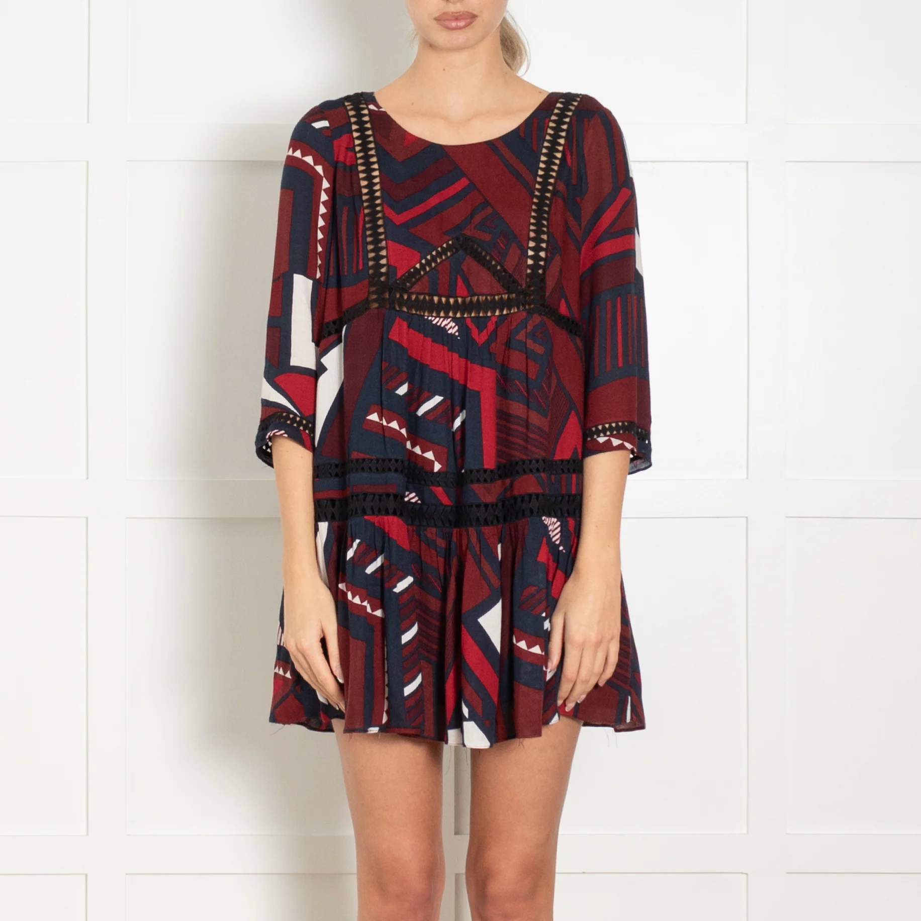 Bash Burgundy Navy White Print Lace Detail Tunic Dress - Image 2