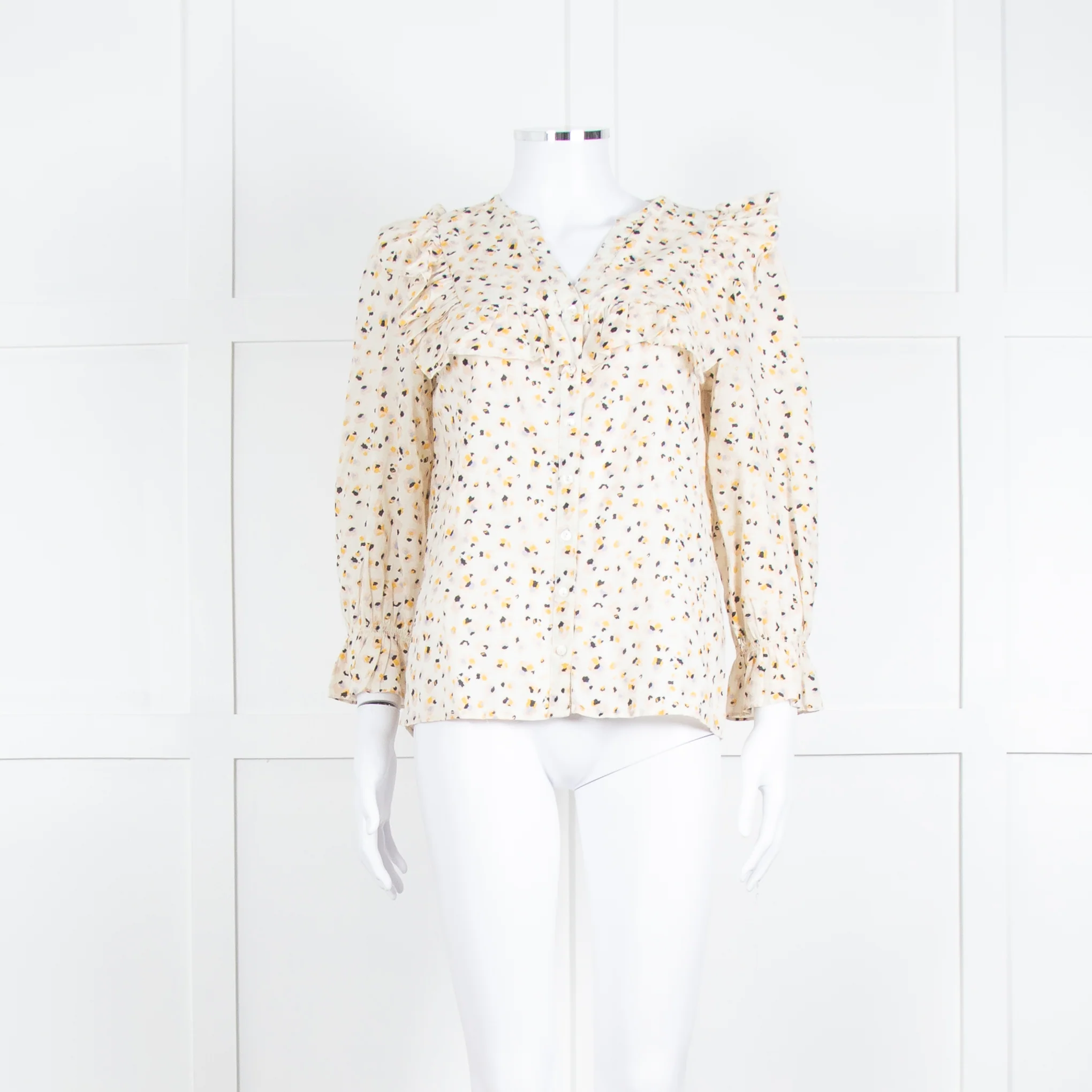 BA&SH Cream Black Pink Floral Print Frill Detail Cotton Top
