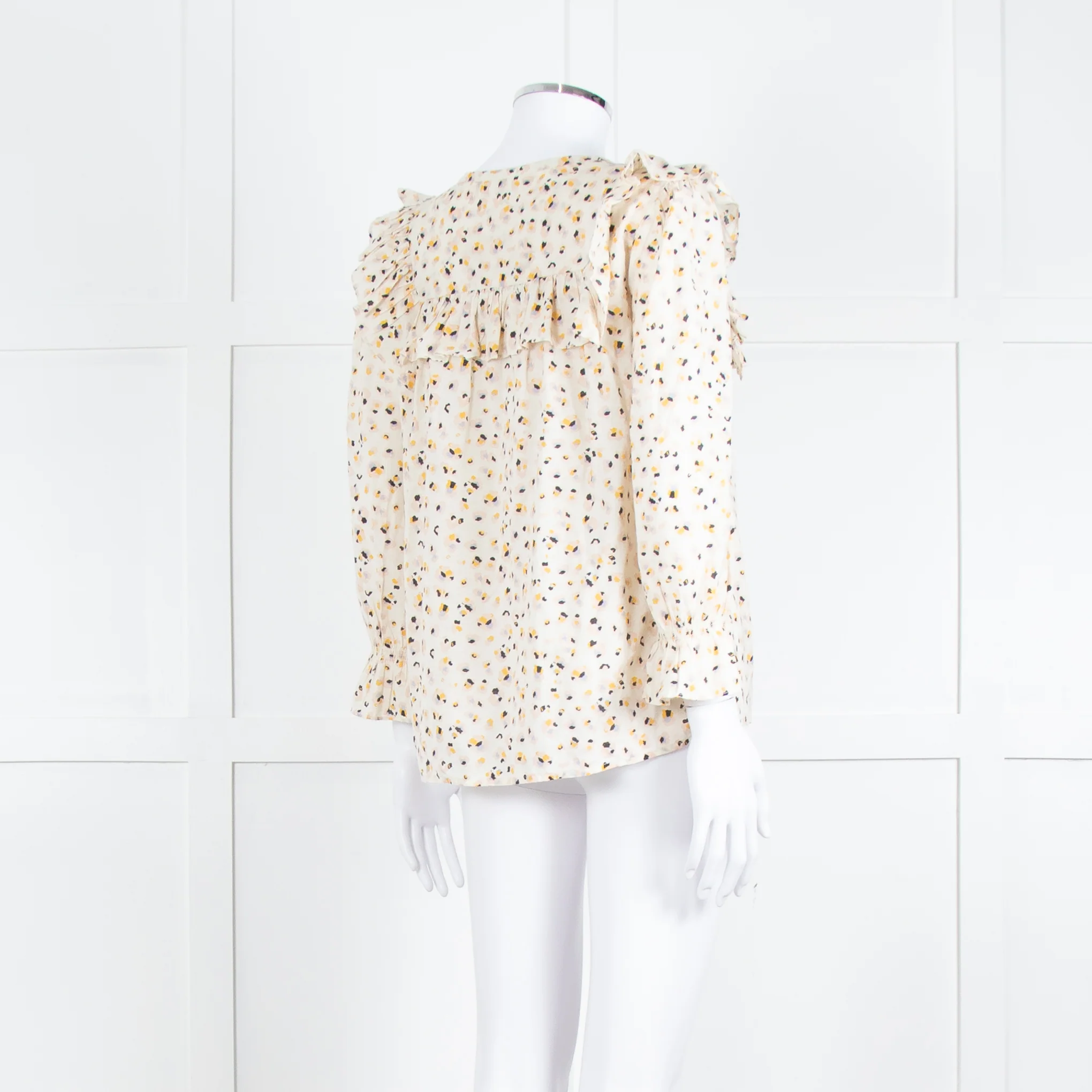 BA&SH Cream Black Pink Floral Print Frill Detail Cotton Top - Image 8