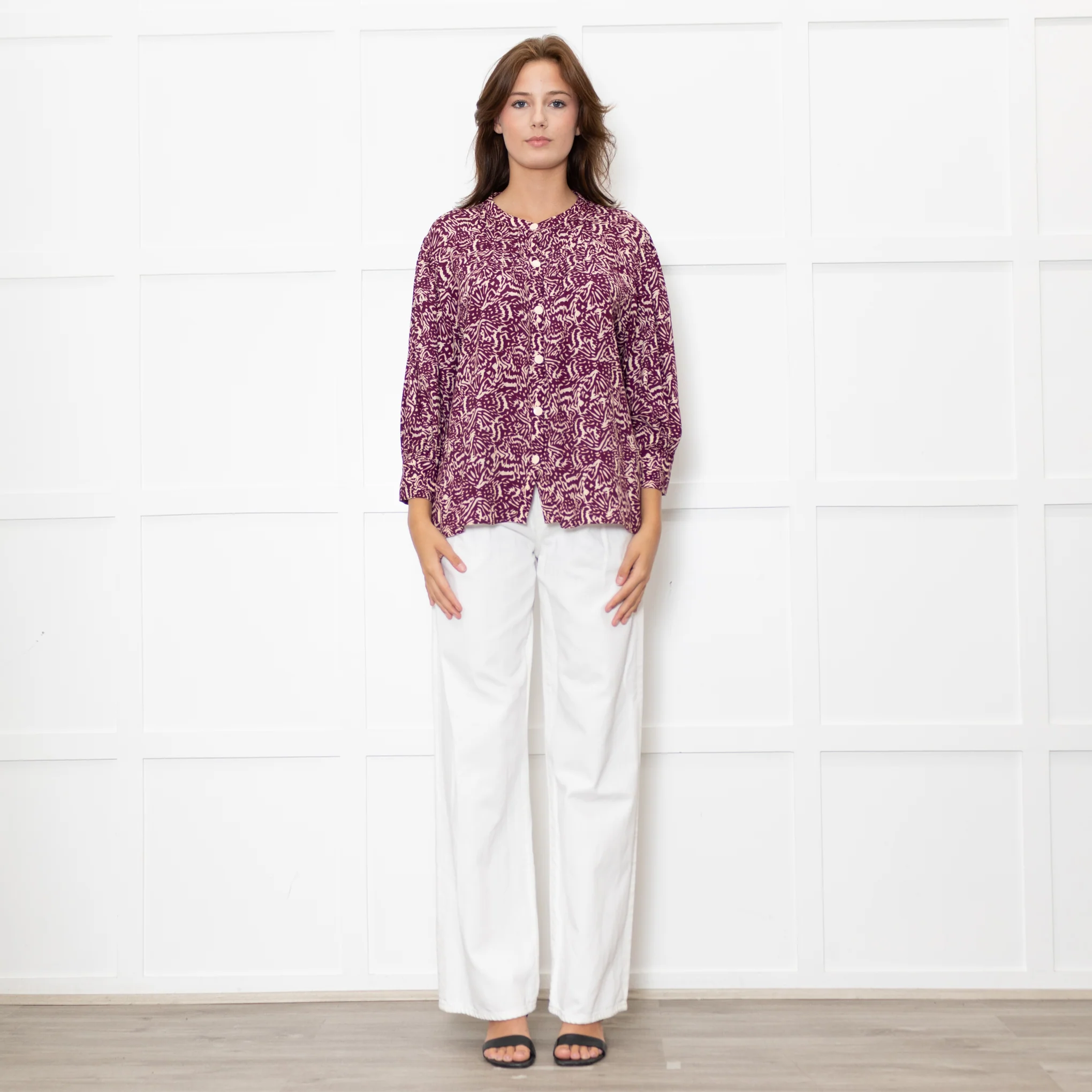 Ba&sh Cream Burgundy Print Pin Tuck Detail 3/4 Sleeved Blouse