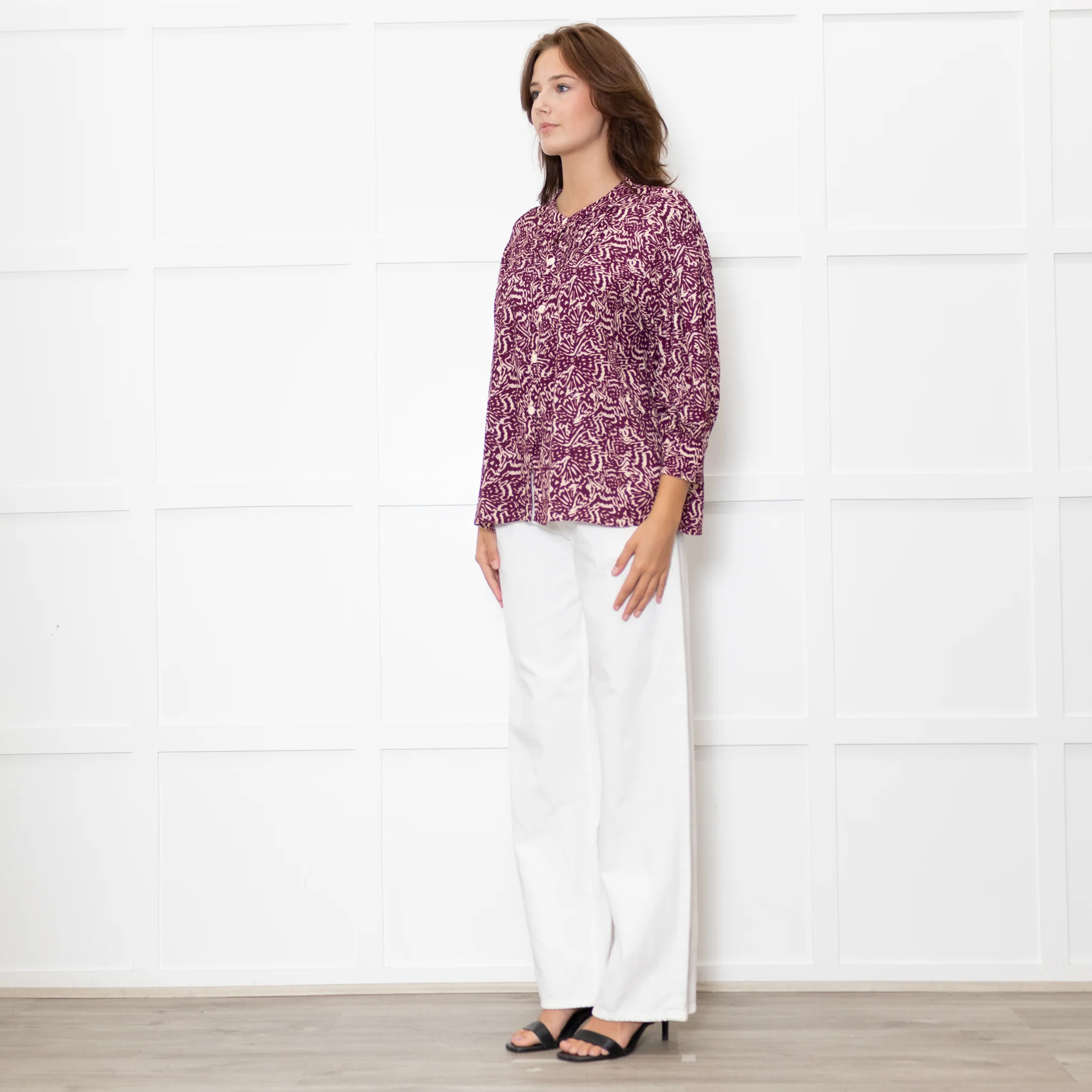 Ba&sh Cream Burgundy Print Pin Tuck Detail 3/4 Sleeved Blouse - Image 3