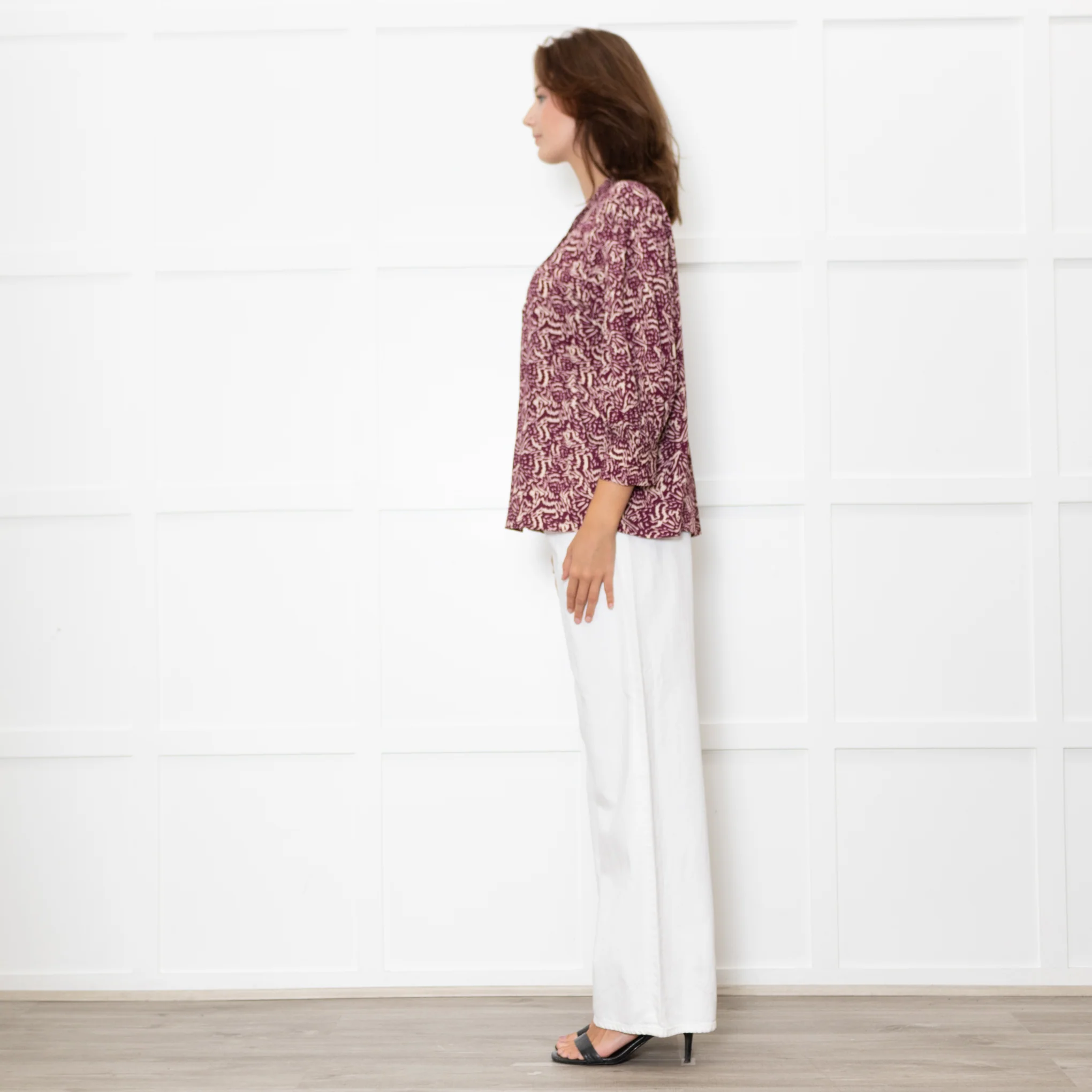 Ba&sh Cream Burgundy Print Pin Tuck Detail 3/4 Sleeved Blouse - Image 4