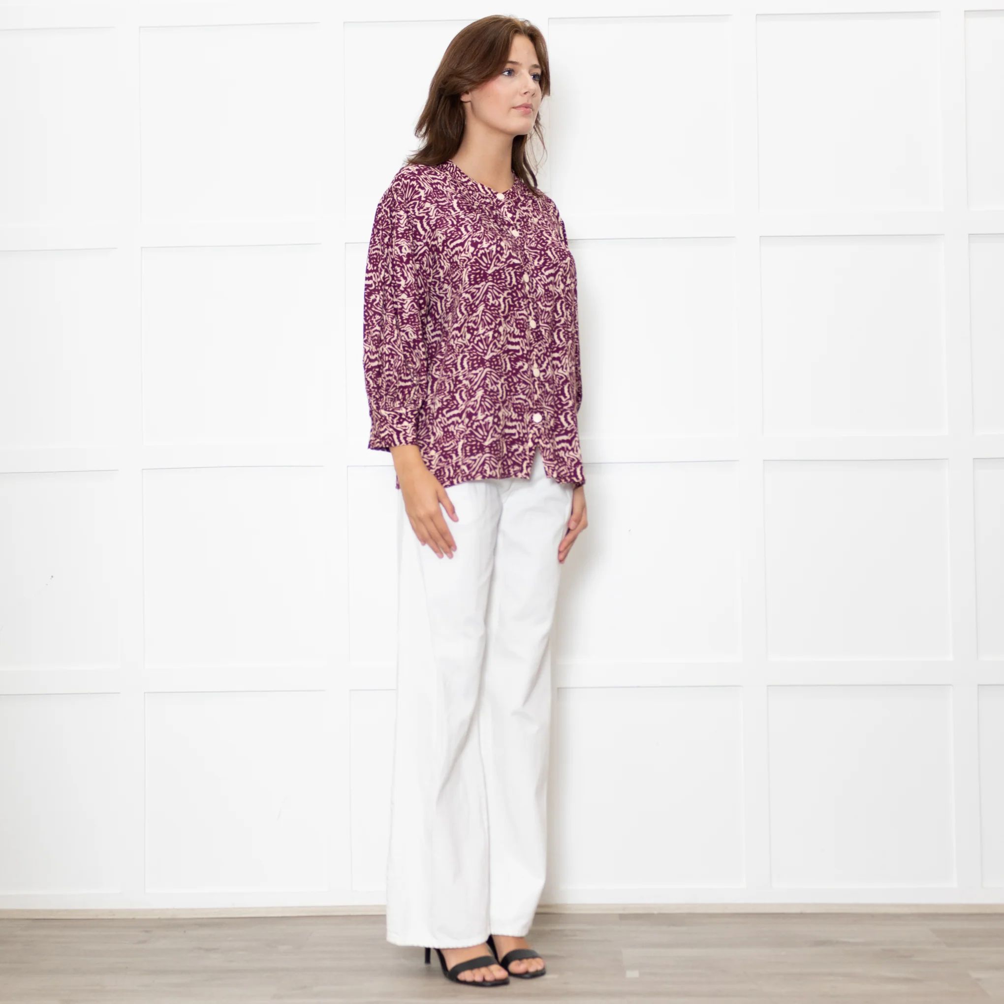 Ba&sh Cream Burgundy Print Pin Tuck Detail 3/4 Sleeved Blouse - Image 7