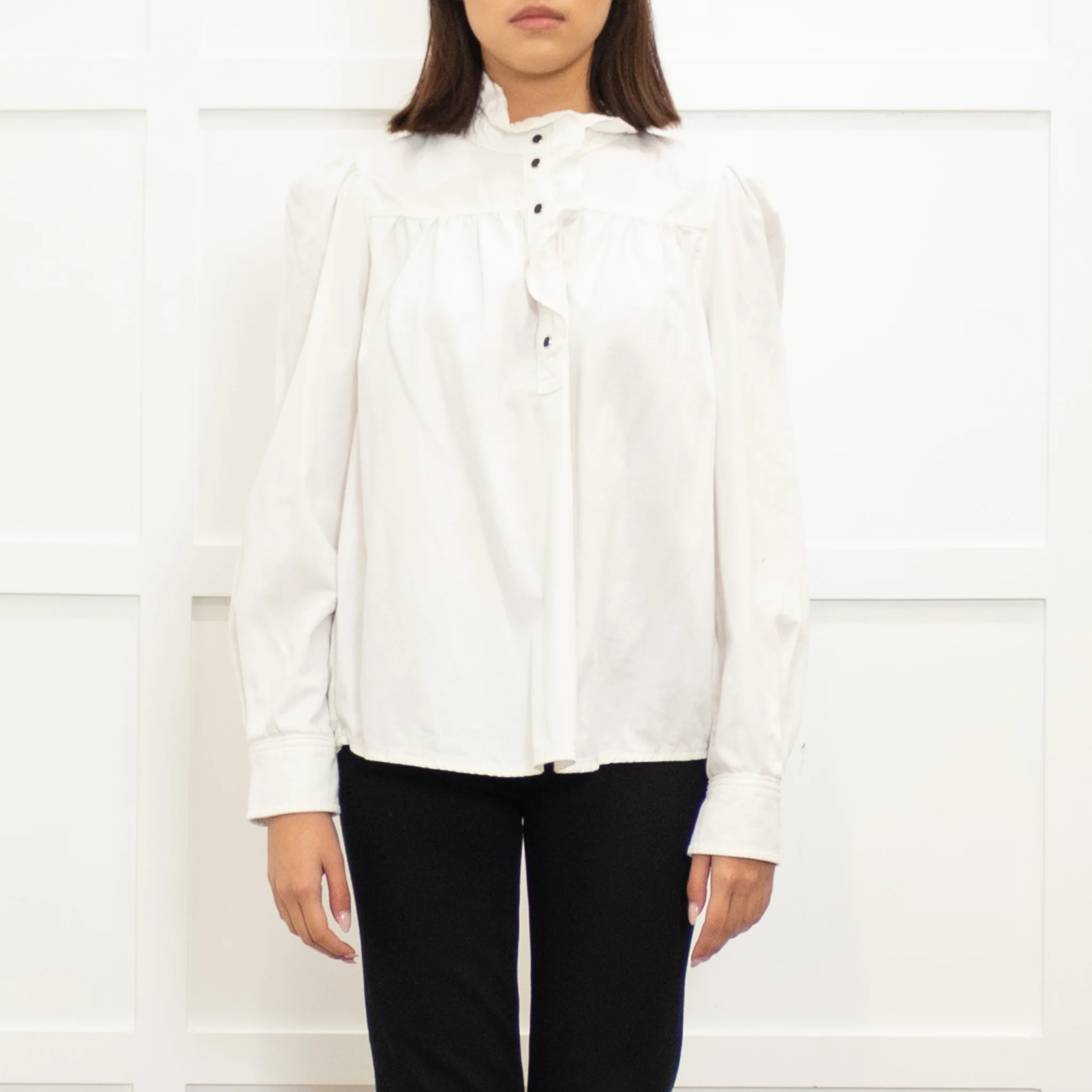 Ba&SH Cream Cotton Frill Trim Long Sleeve Top - Image 2