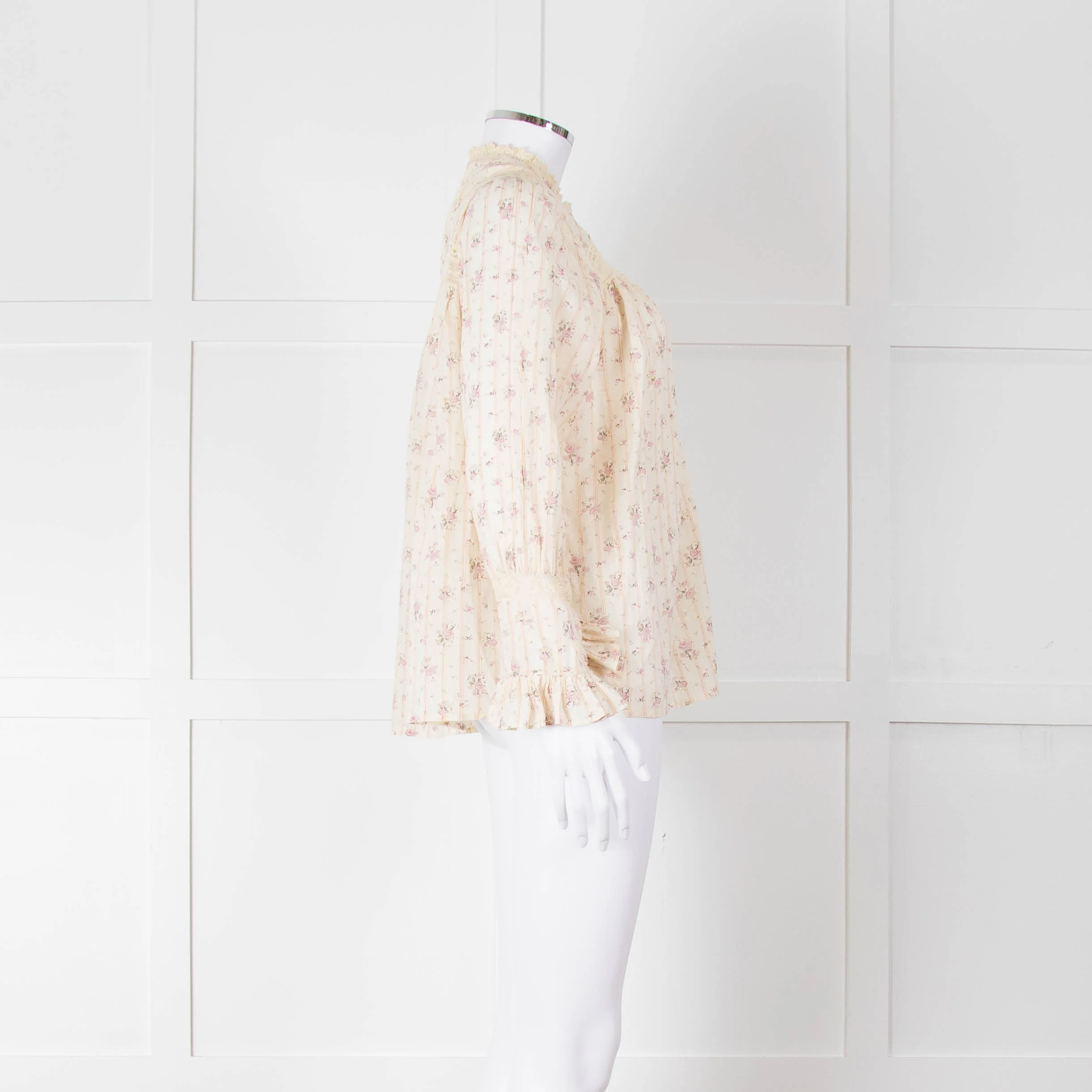 Ba&sh Cream Pink Floral Lace Detail Front Button Cotton Top - Image 3