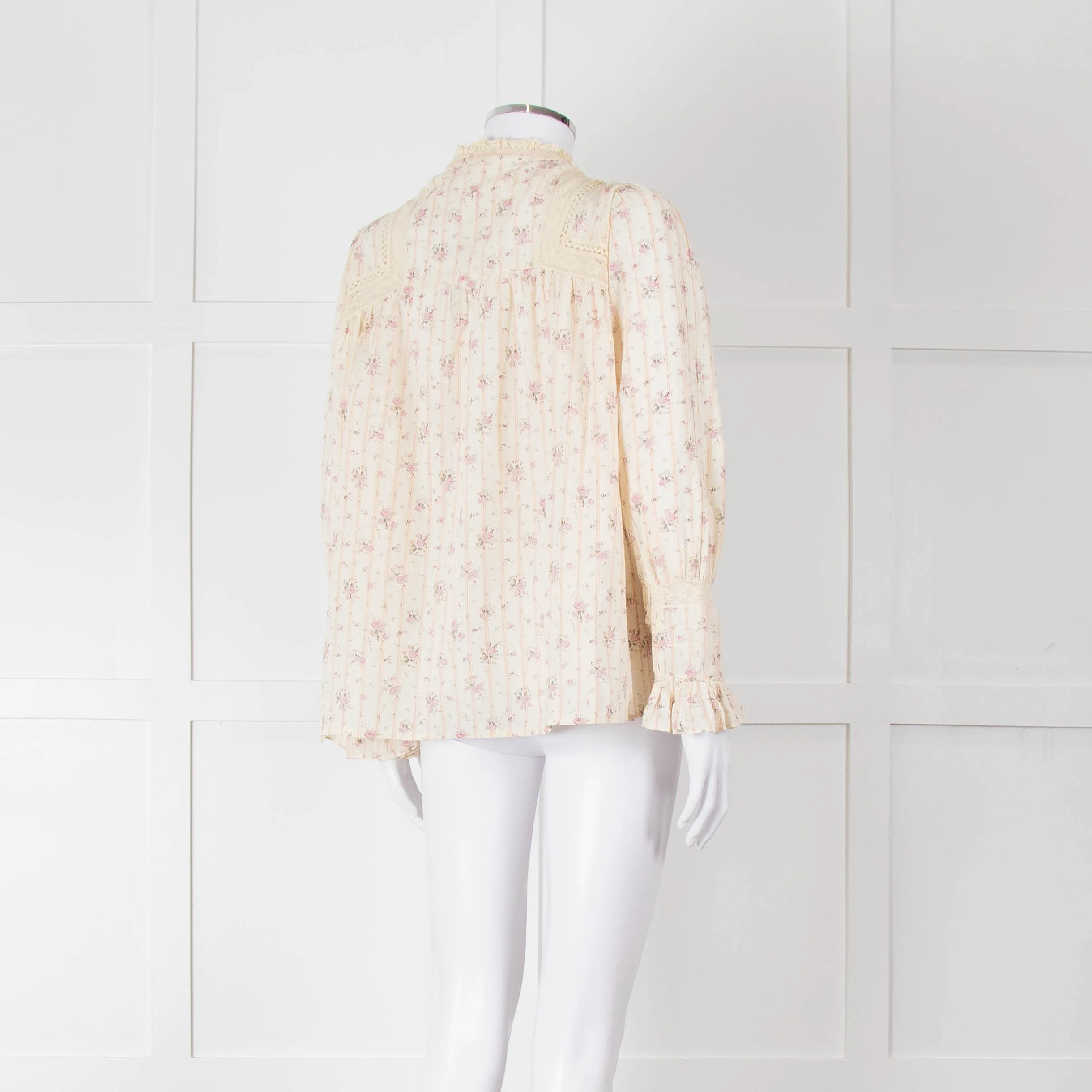 Ba&sh Cream Pink Floral Lace Detail Front Button Cotton Top - Image 4