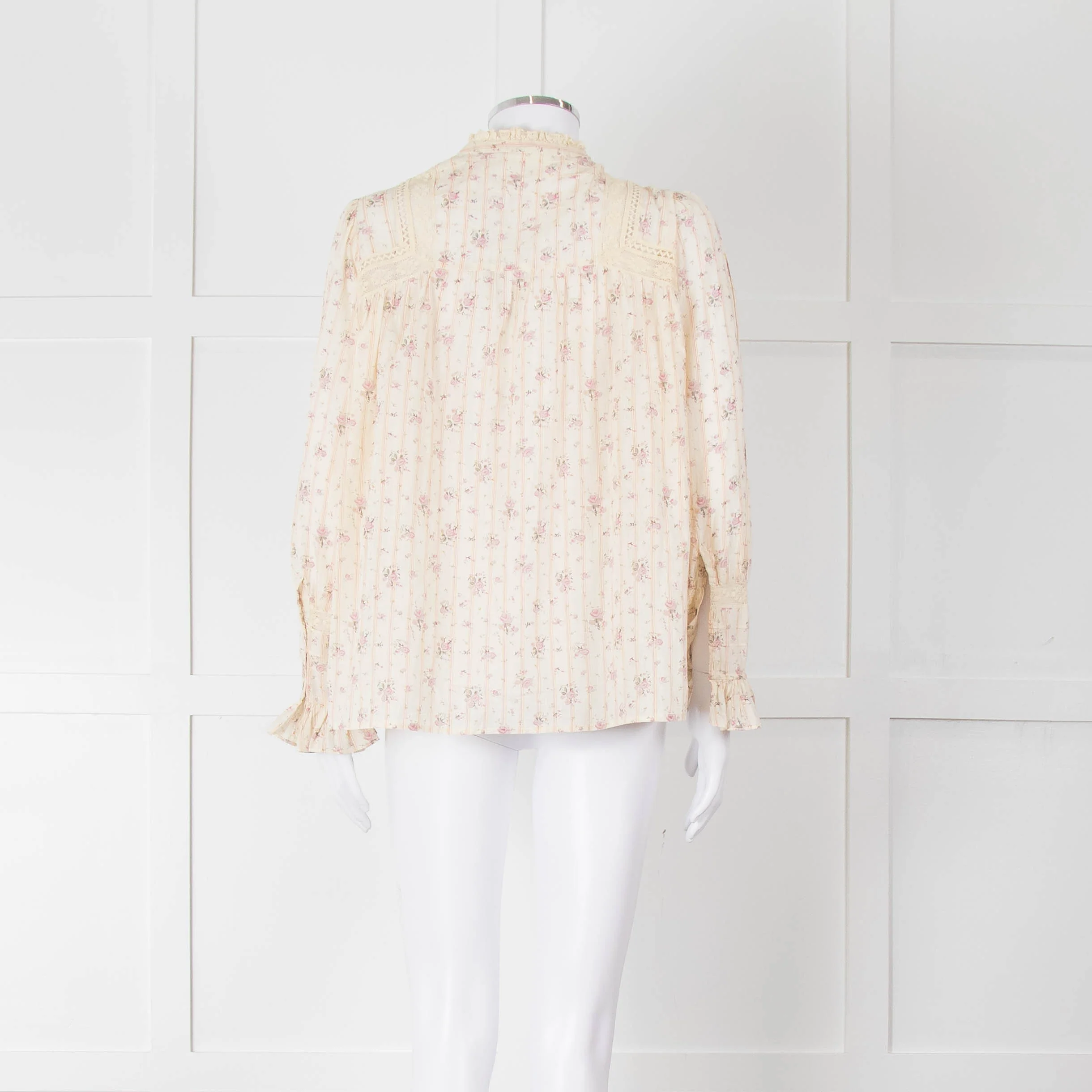 Ba&sh Cream Pink Floral Lace Detail Front Button Cotton Top - Image 5