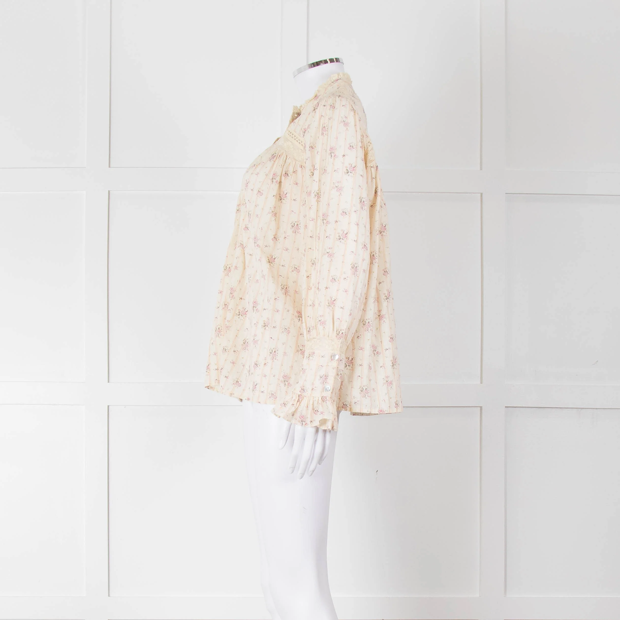 Ba&sh Cream Pink Floral Lace Detail Front Button Cotton Top - Image 7