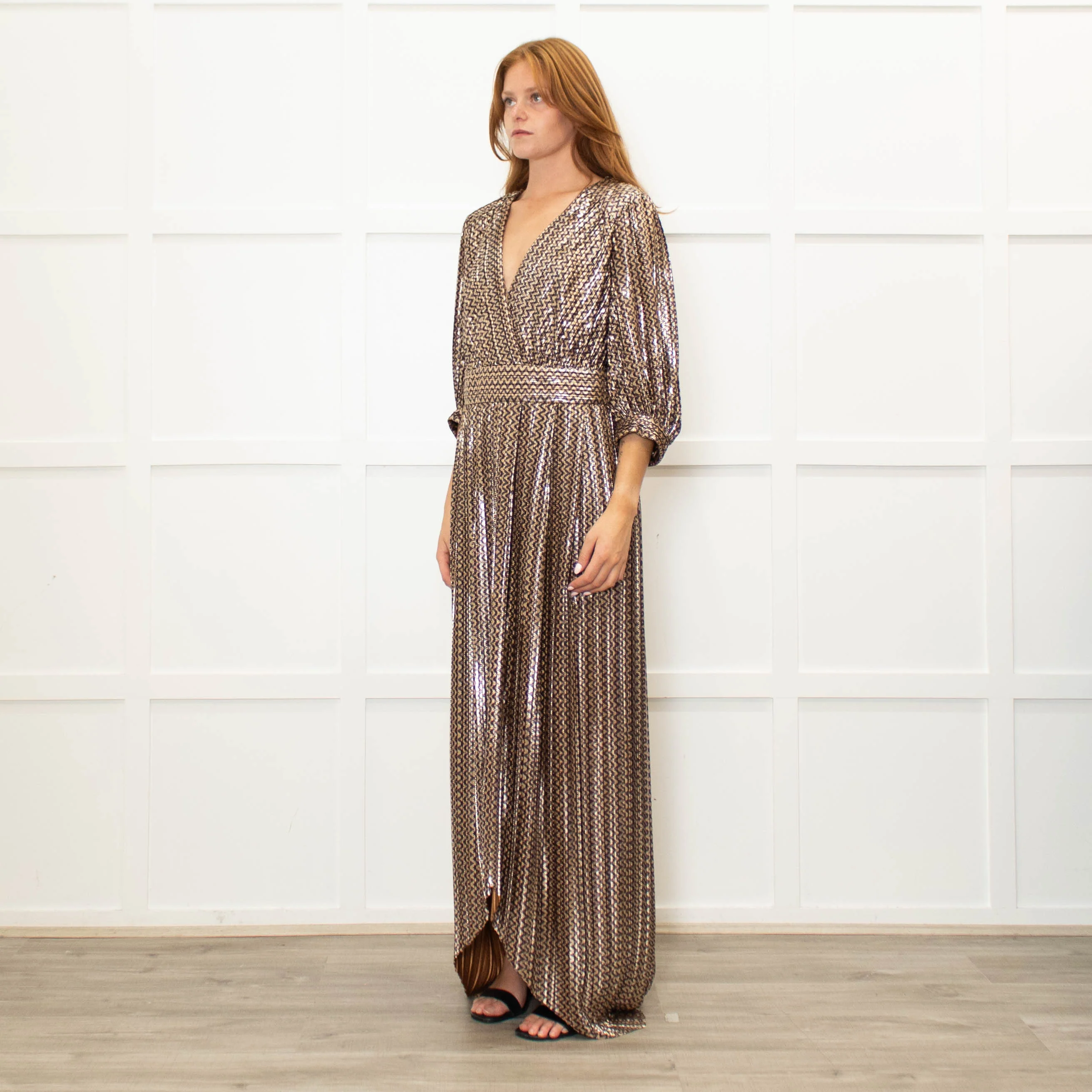 Ba&Sh Gold Zig Zag Full Length V Neck Dress - Image 3