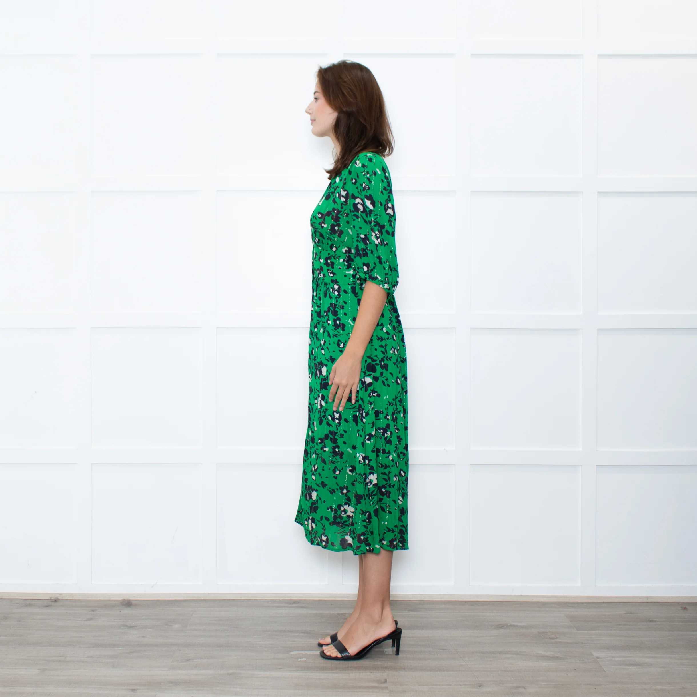 Ba&sh Green Black Floral Silver Lurex Button Up Midi Dress - Image 4