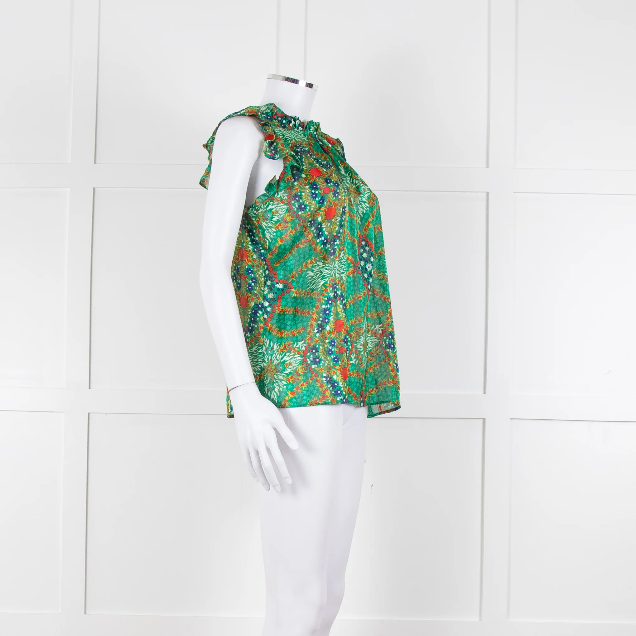 Ba&sh Green Red Blue Floral Lurex Sleeveless Frilled Top - Image 2