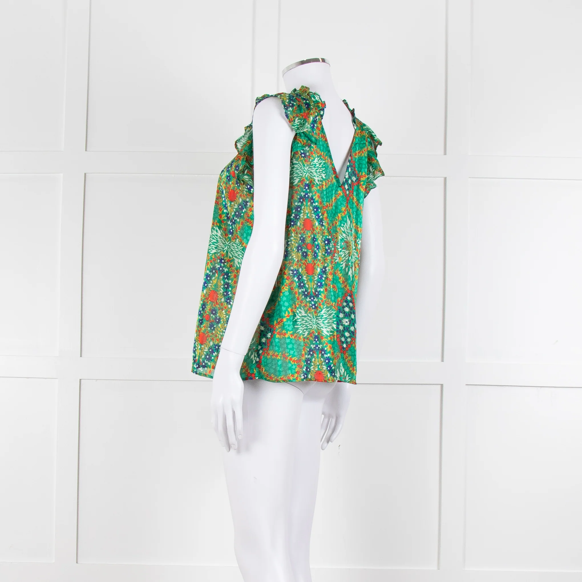 Ba&sh Green Red Blue Floral Lurex Sleeveless Frilled Top - Image 6