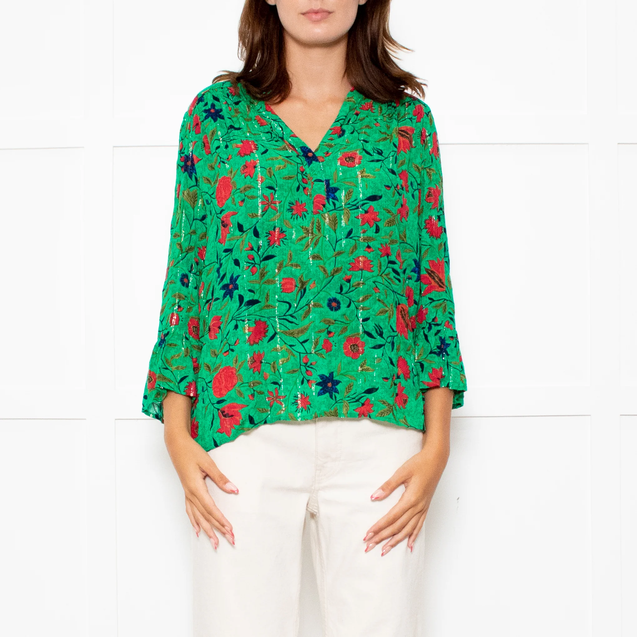 Ba&sh Green Red Navy Flower Lurex Stripe Blouse - Image 2