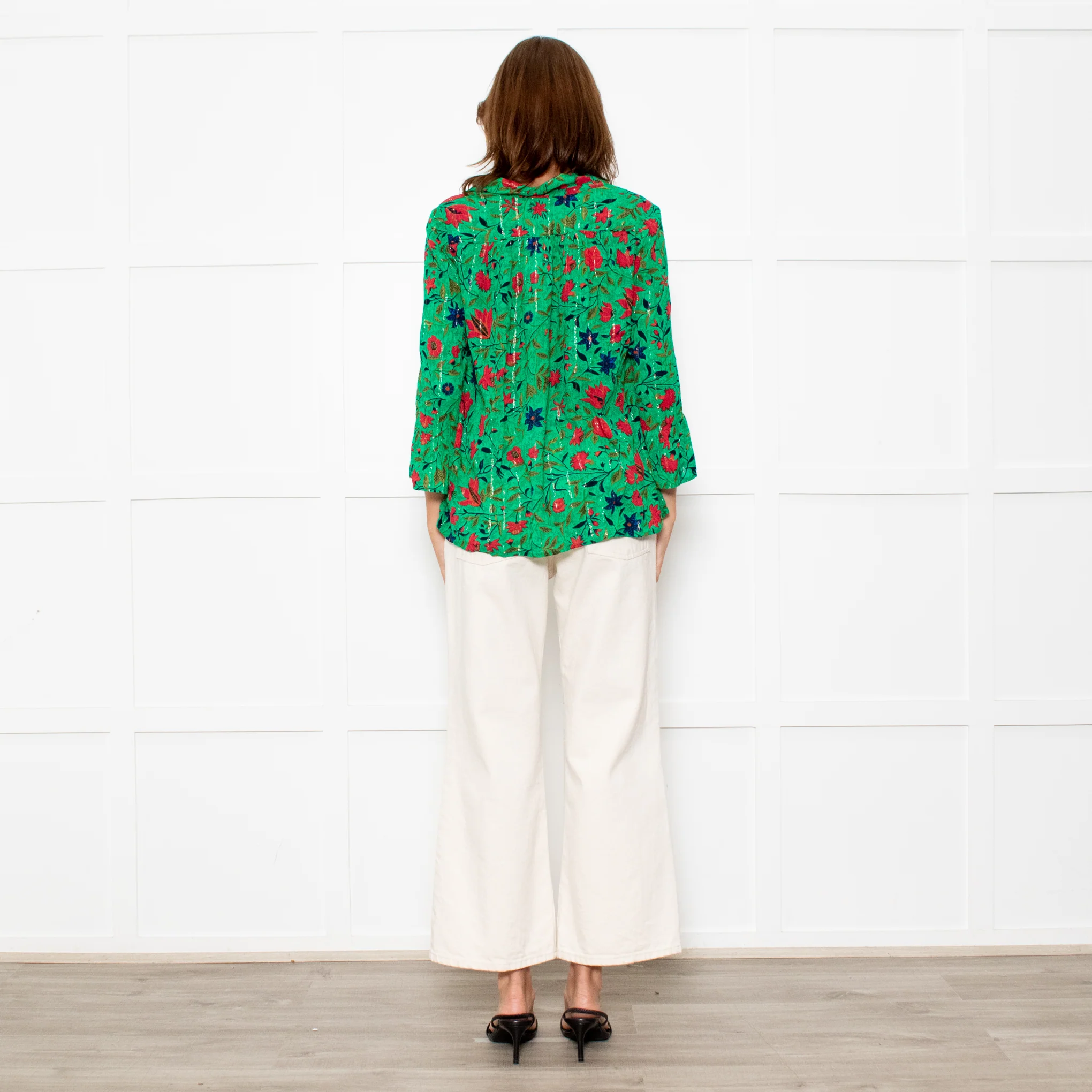 Ba&sh Green Red Navy Flower Lurex Stripe Blouse - Image 5