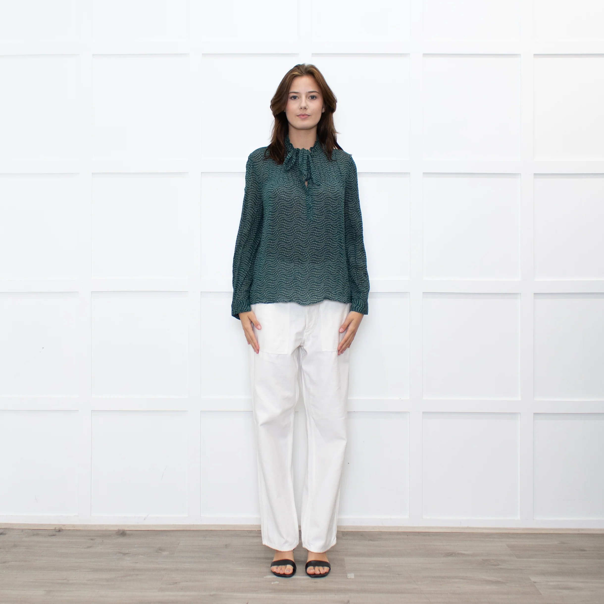 Ba&sh Green White Print Bow Tie Blouse
