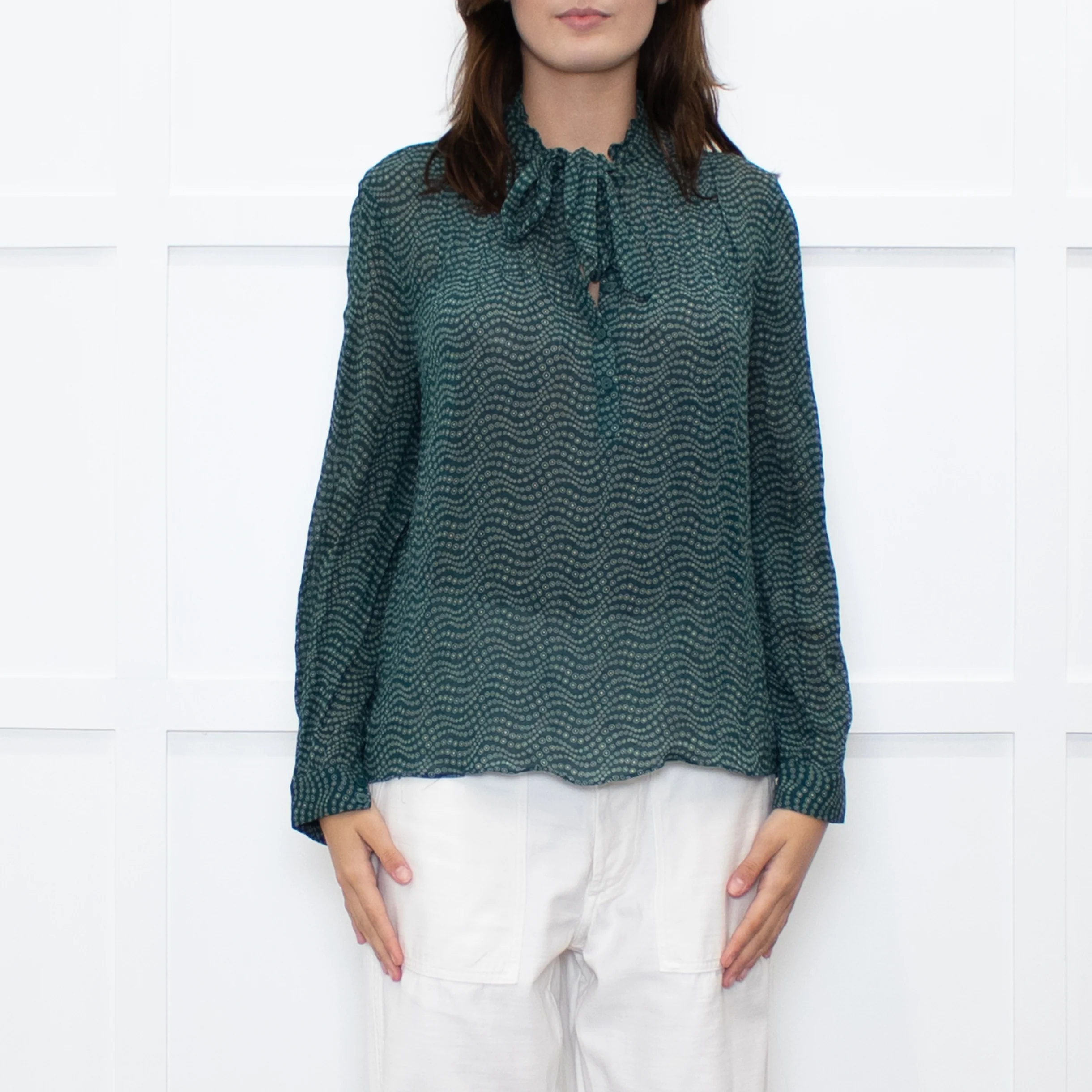 Ba&sh Green White Print Bow Tie Blouse - Image 2