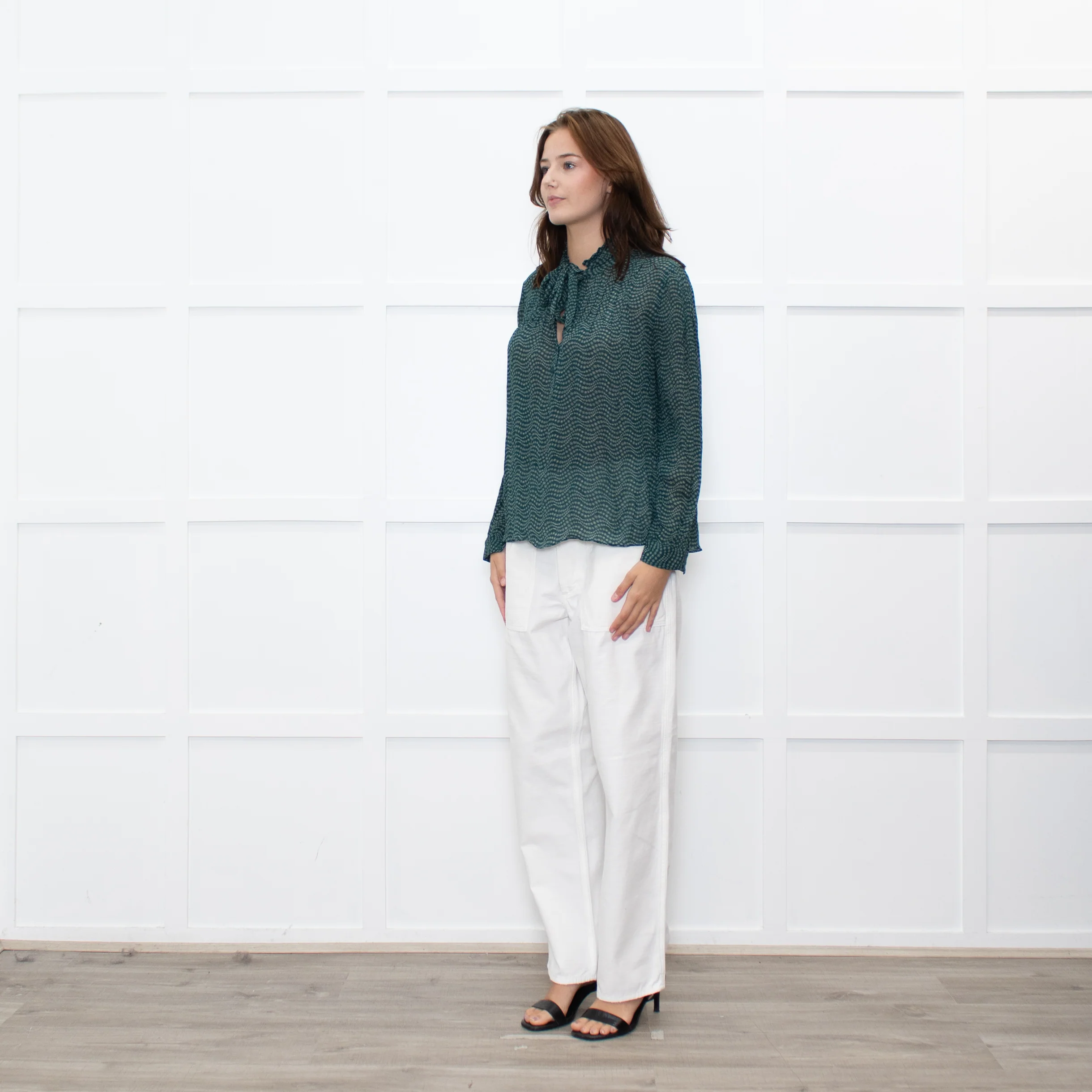 Ba&sh Green White Print Bow Tie Blouse - Image 3