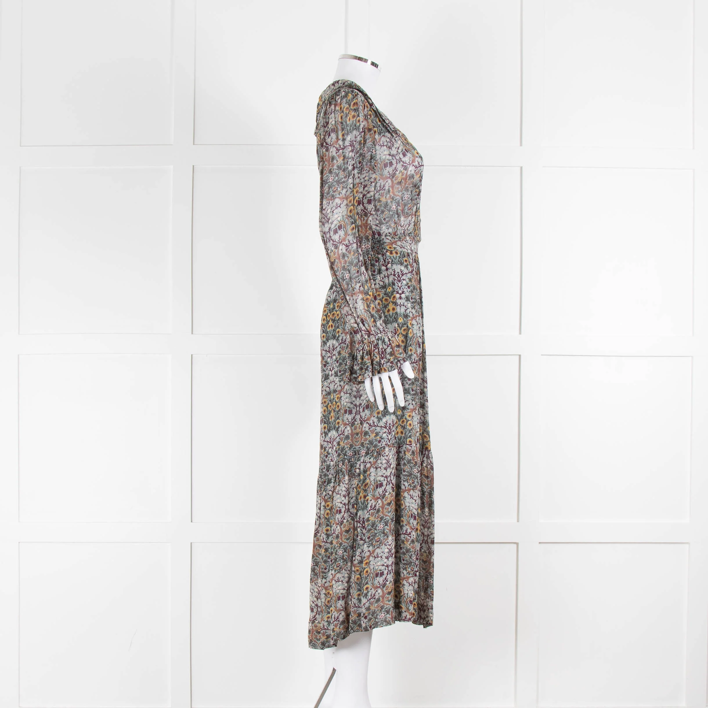 Ba&sh Green Yellow Cream Flower Long Sleeve Midi Dress - Image 2