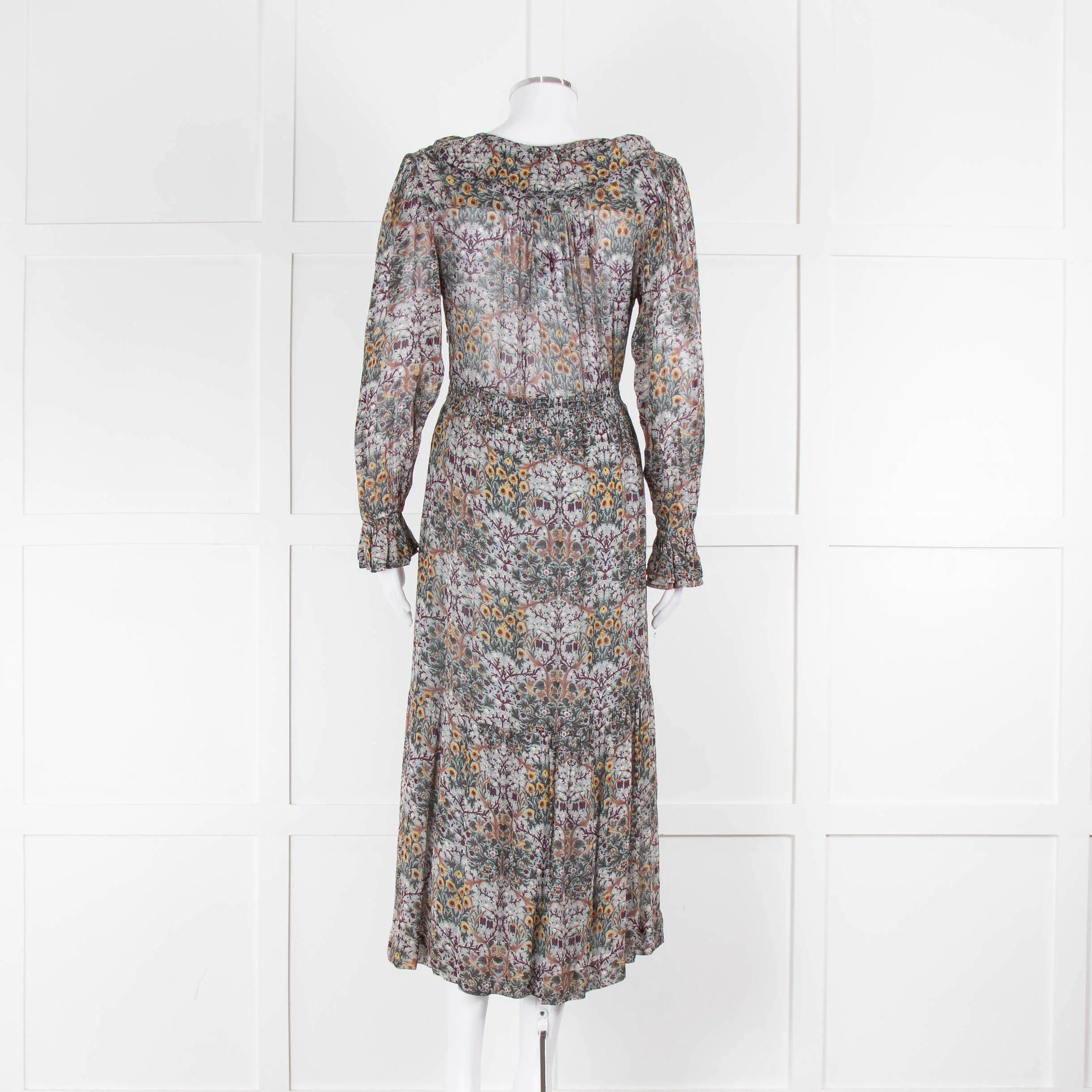 Ba&sh Green Yellow Cream Flower Long Sleeve Midi Dress - Image 3