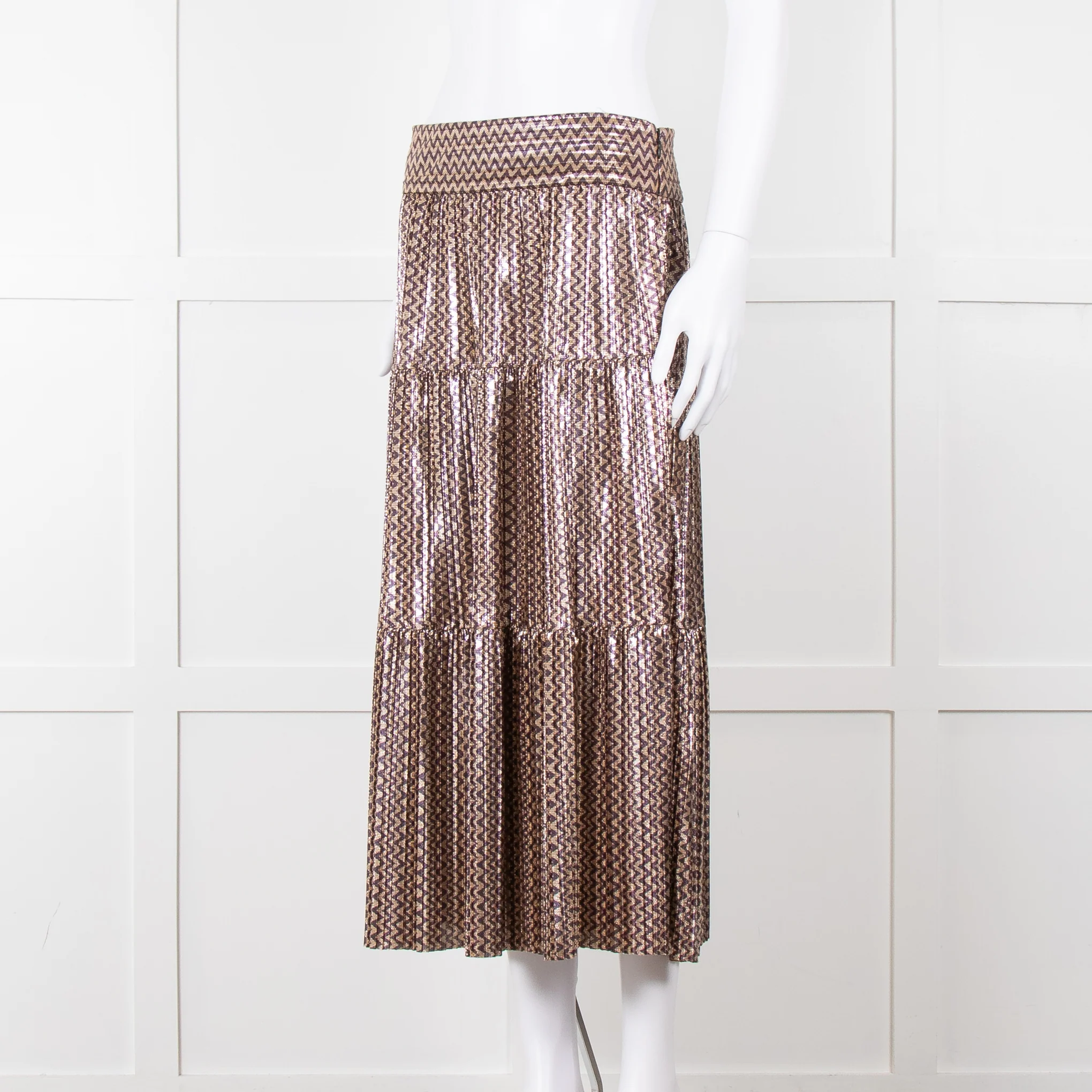 Ba&sh Metallic Gold and Purple Tiered Midi Skirt - Image 8