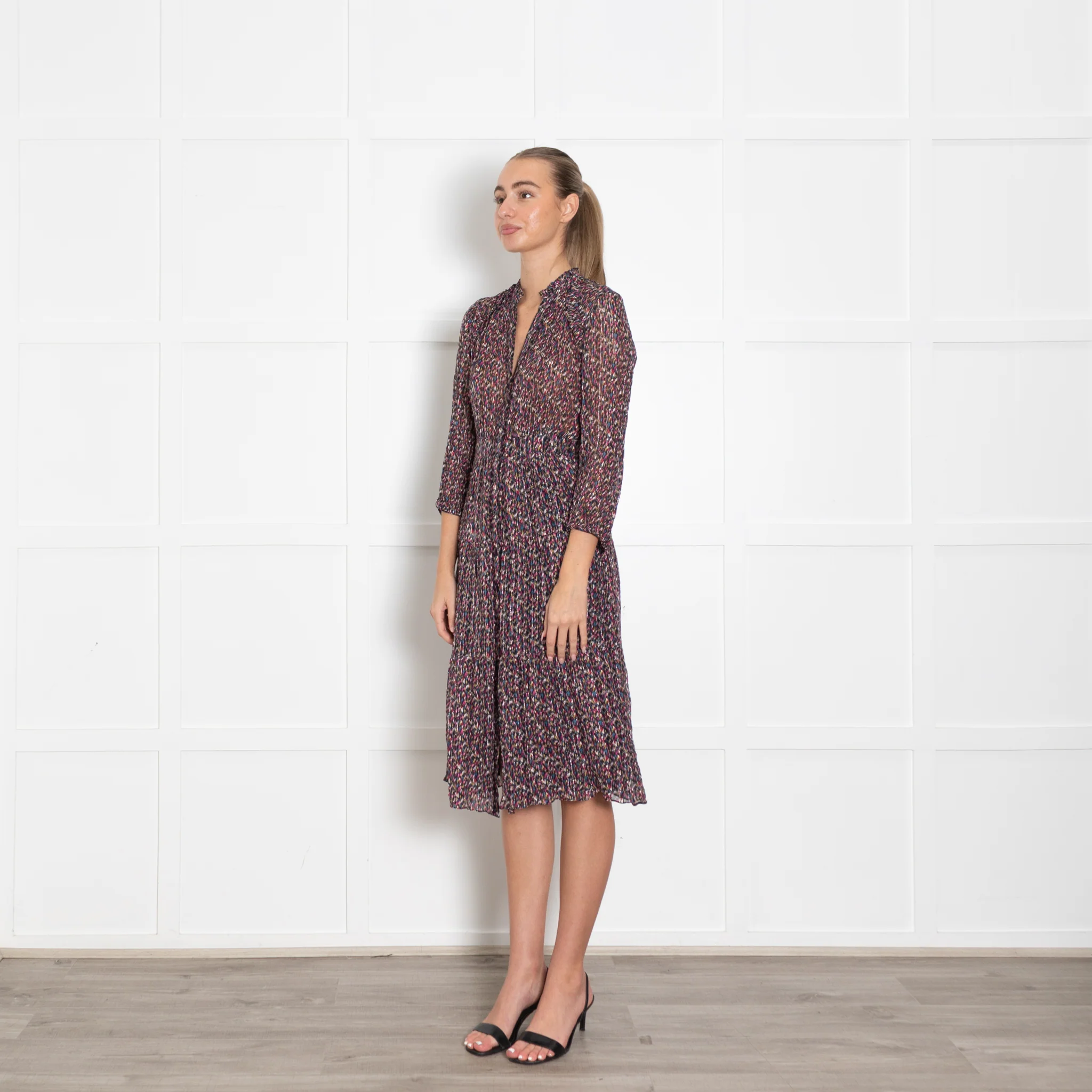 BA&SH Multicoloured Button Up Midi Long Sleeve Frilled Dress - Image 3