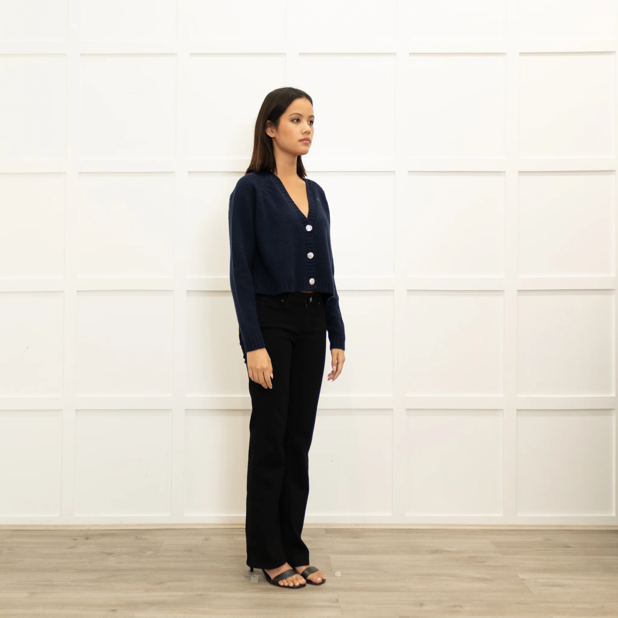 Ba&Sh Navy Blue Cashmere Diamante Button Cropped Cardigan - Image 3