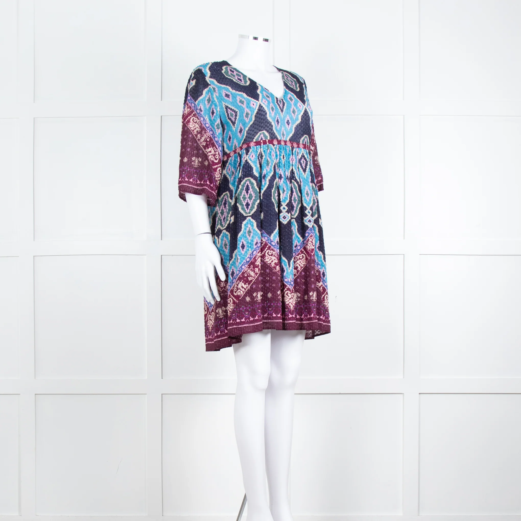 Ba&sh Navy Burgundy Print Textured Fabric Mini Dress - Image 2