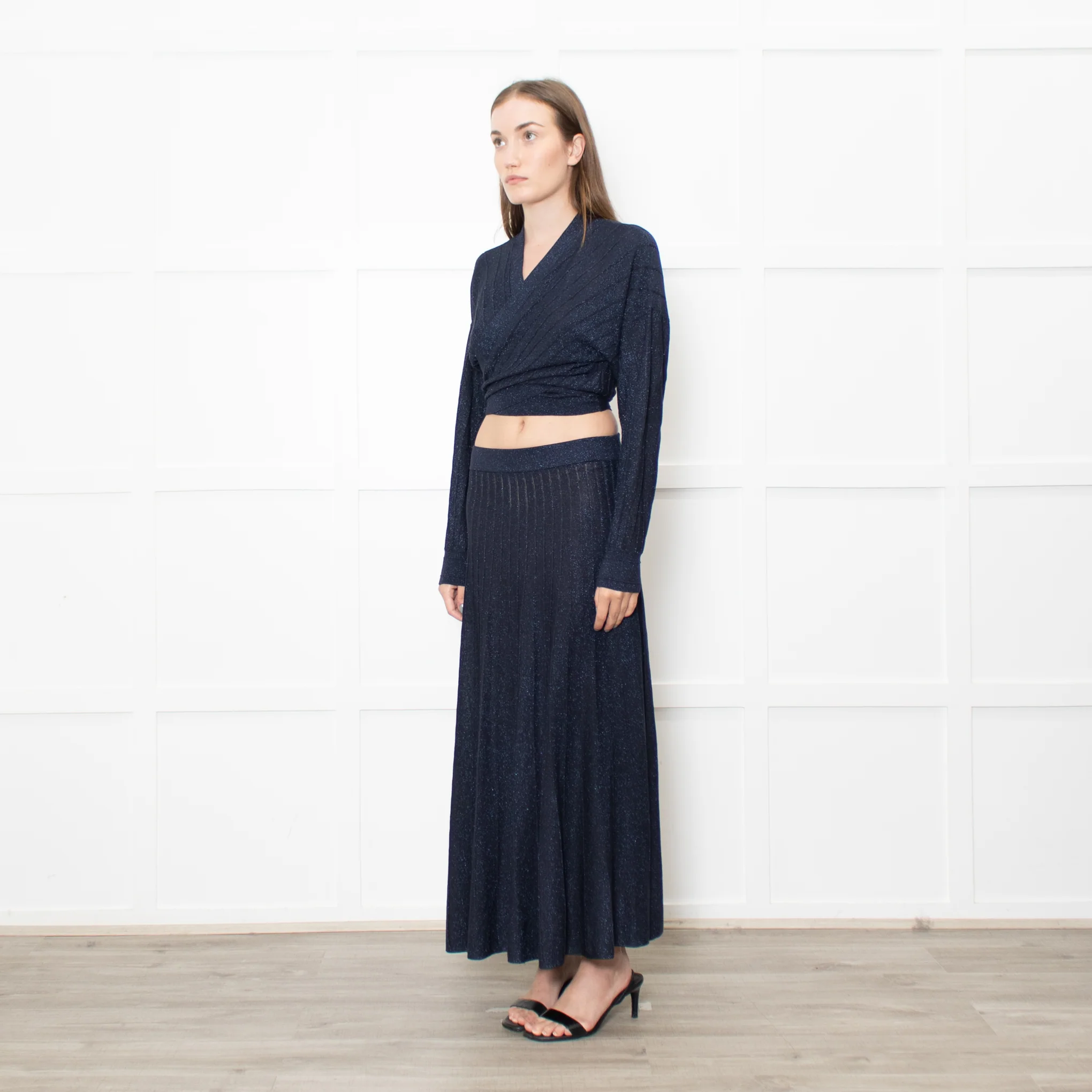 BA&SH Navy Metallic Fine Knit Pleated Brycey Skirt - Image 3
