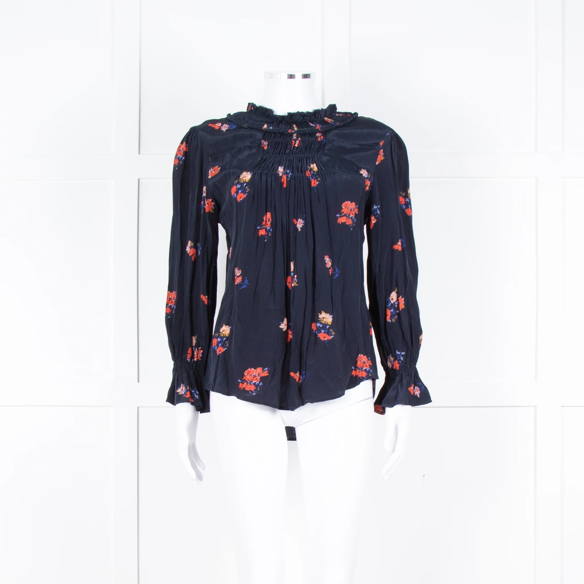 Ba&sh Navy Orange Floral Pleated Detail Long Sleeve Top