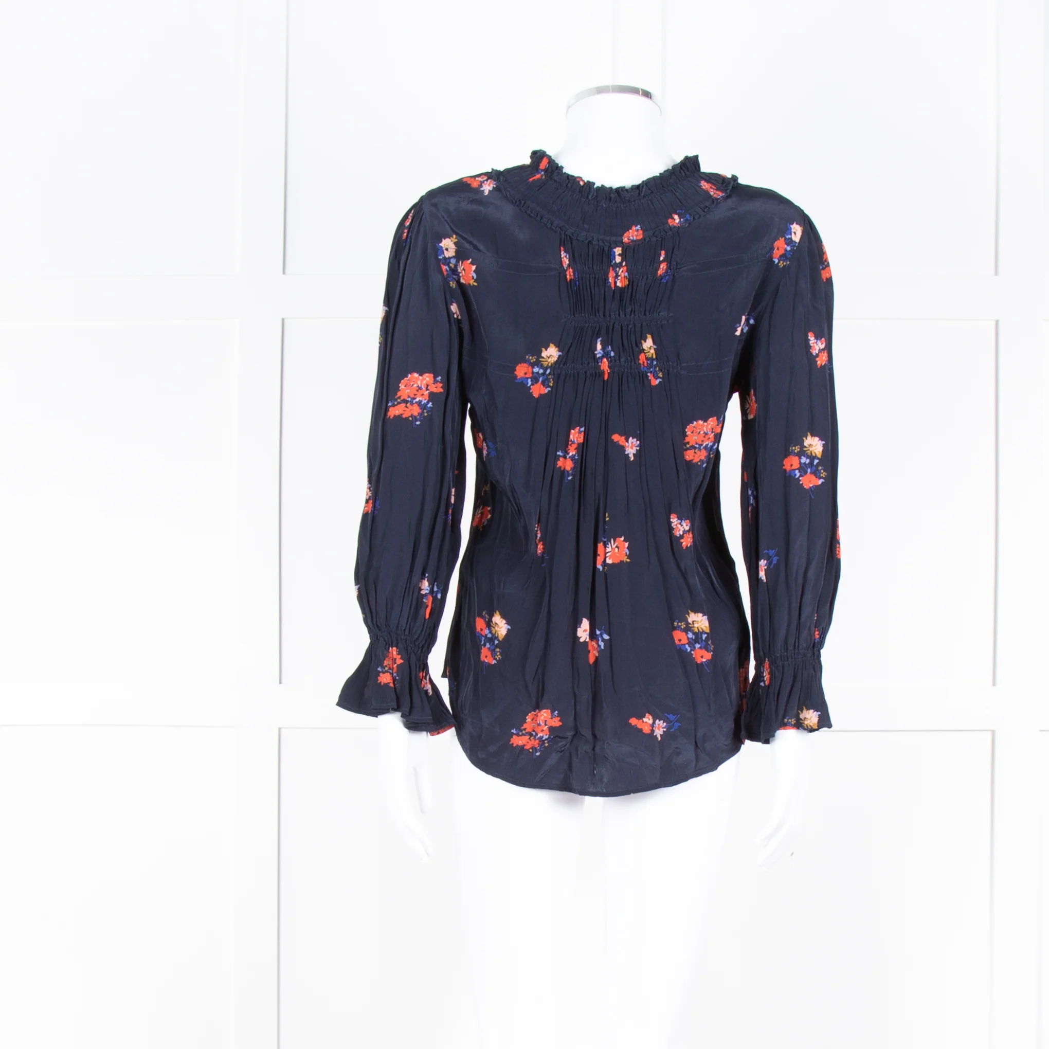 Ba&sh Navy Orange Floral Pleated Detail Long Sleeve Top - Image 5