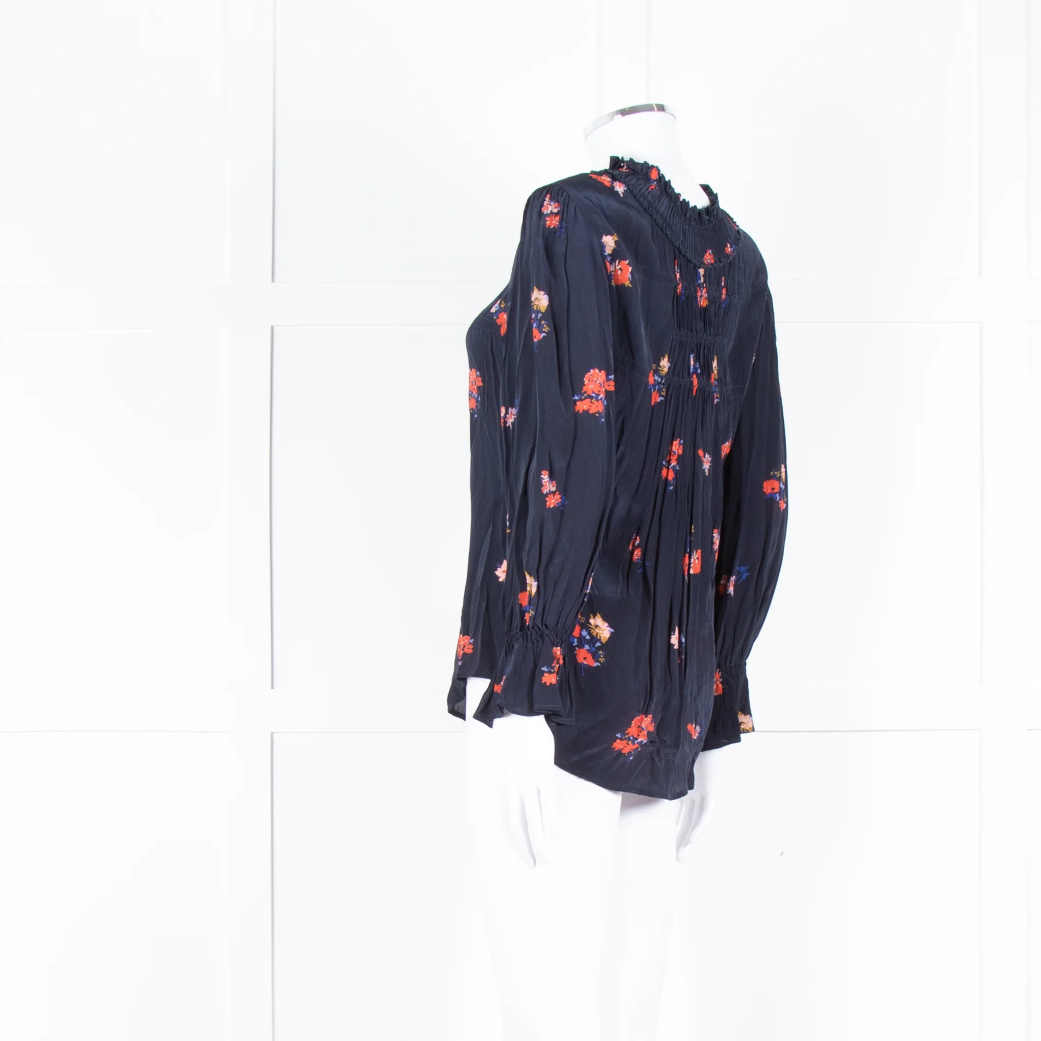 Ba&sh Navy Orange Floral Pleated Detail Long Sleeve Top - Image 6