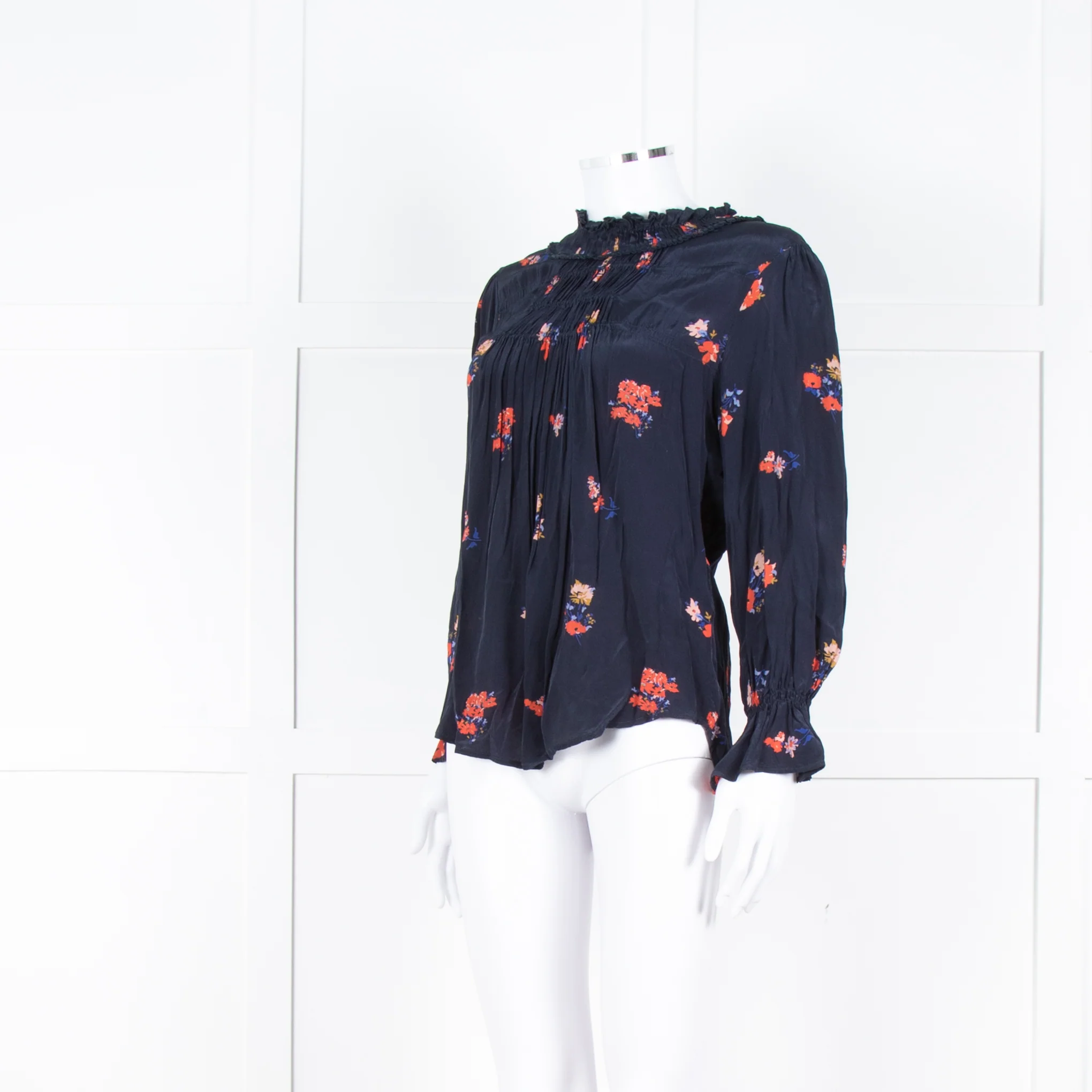 Ba&sh Navy Orange Floral Pleated Detail Long Sleeve Top - Image 8
