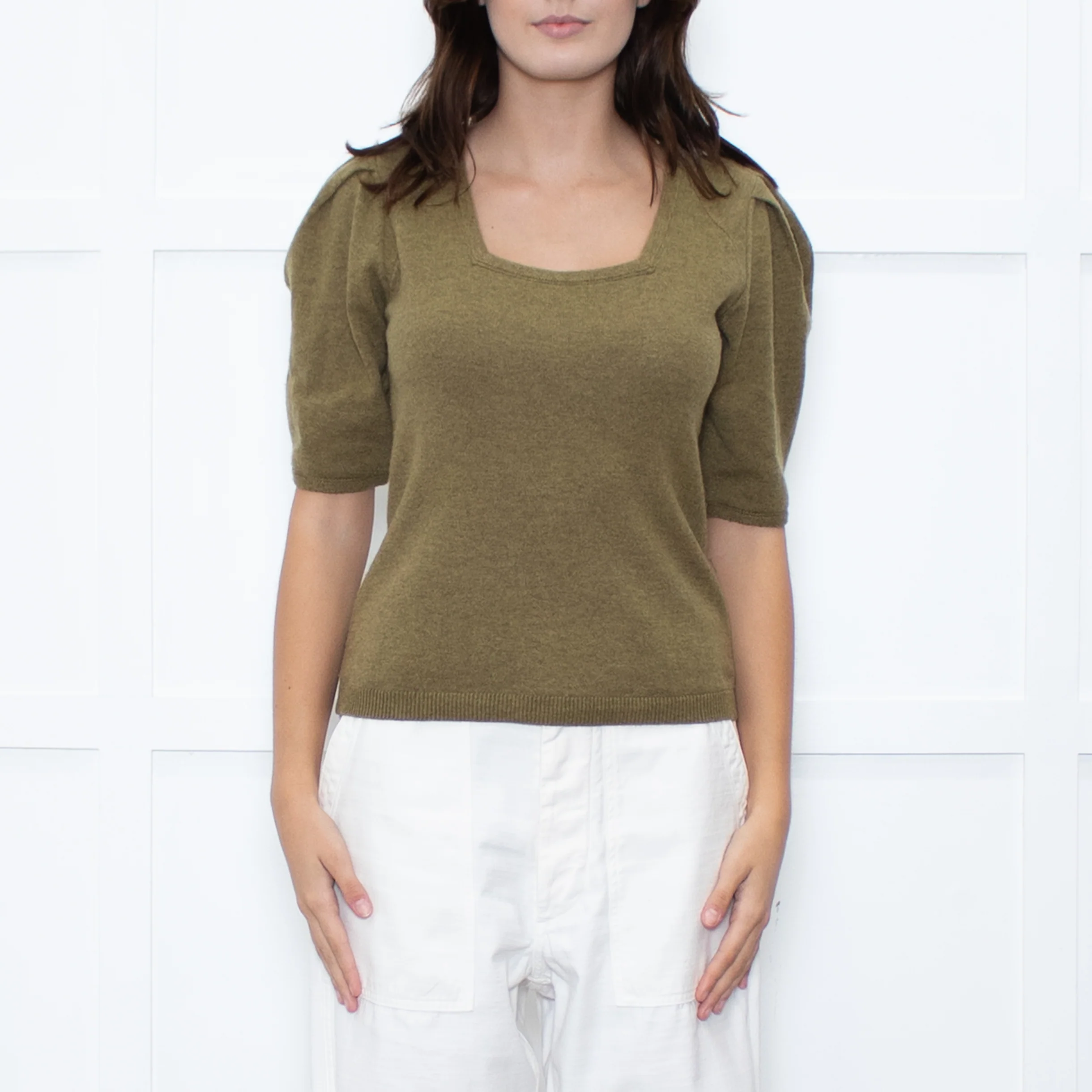 Ba&sh Olive Green Wool Short Sleeve Jumper - Image 2