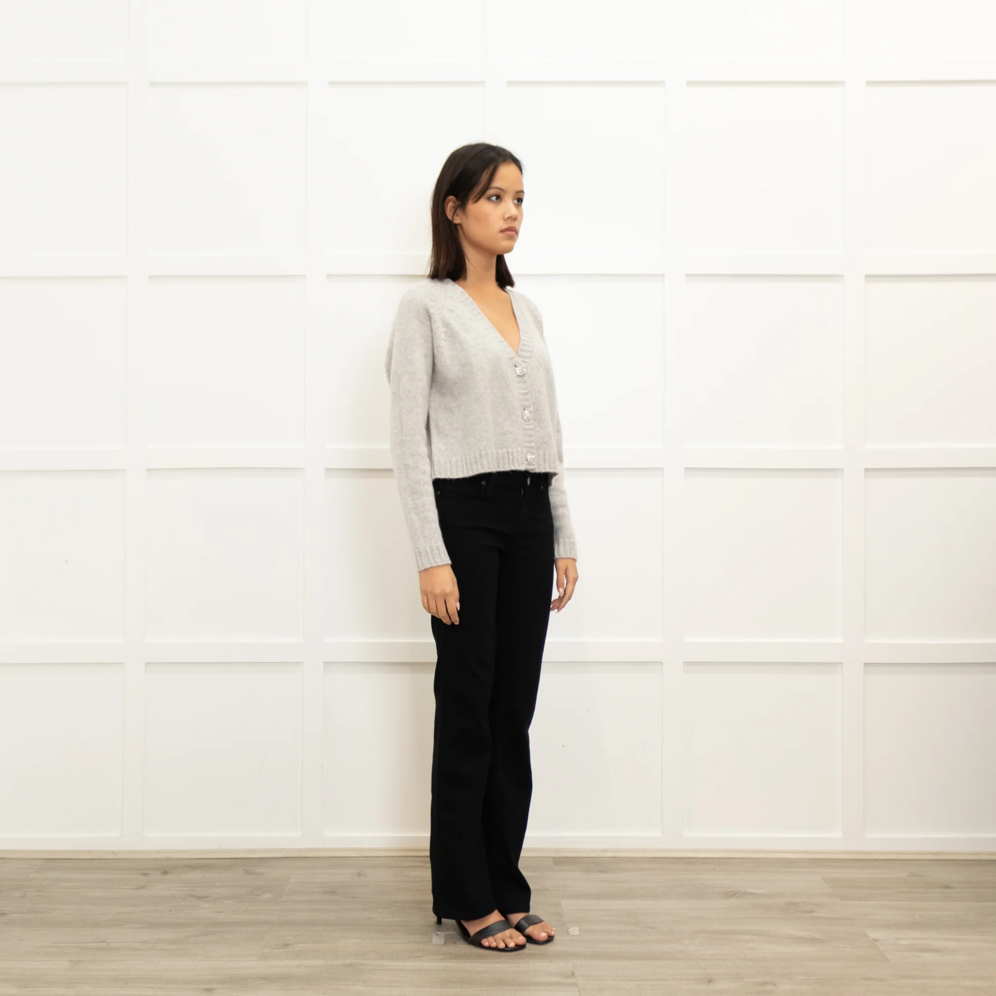 Ba&Sh Pale Grey Cashmere Diamante Button Cropped Cardigan - Image 3