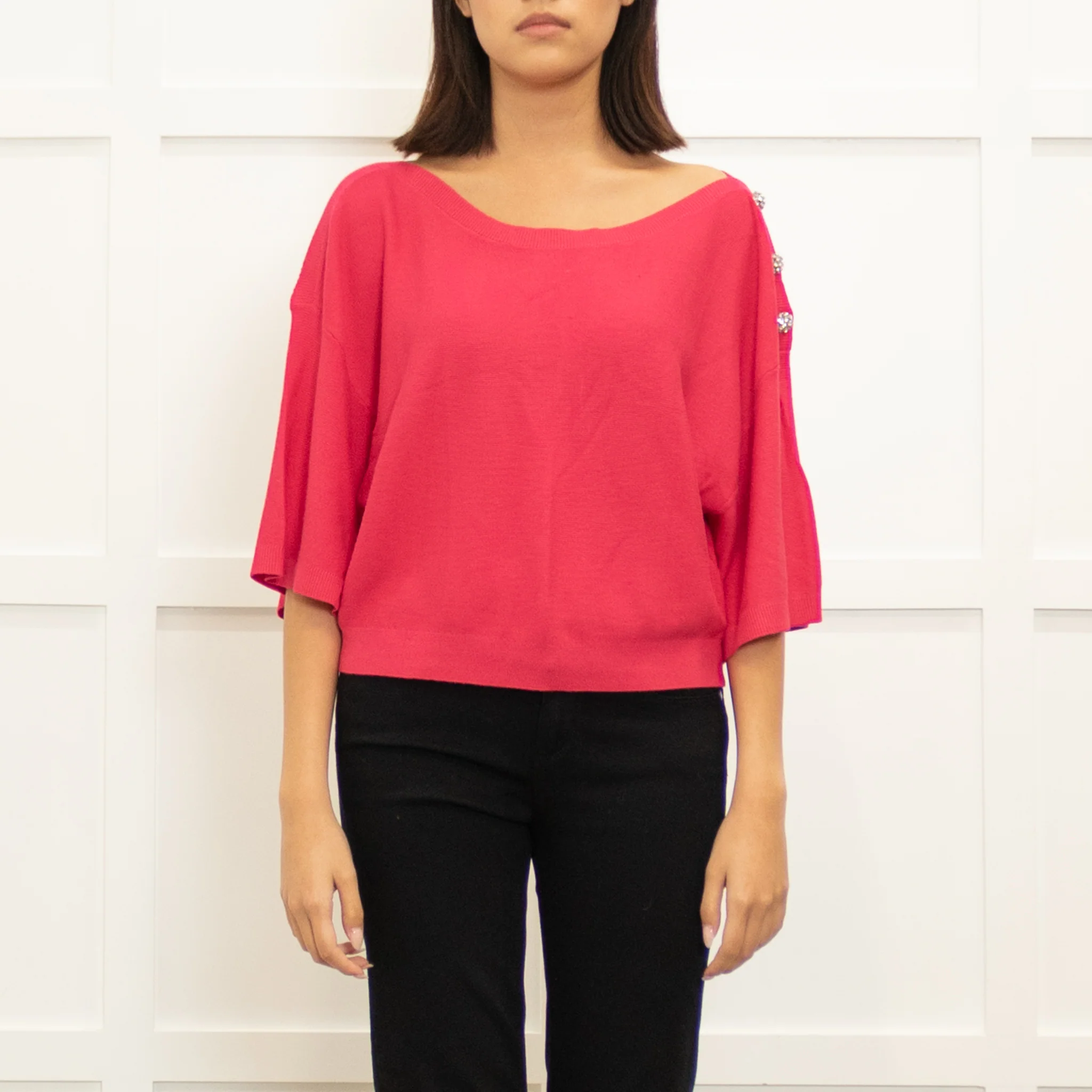 Ba&Sh Pink Diamante Button Wide Sleeve Cropped Cotton  Blend Top - Image 2
