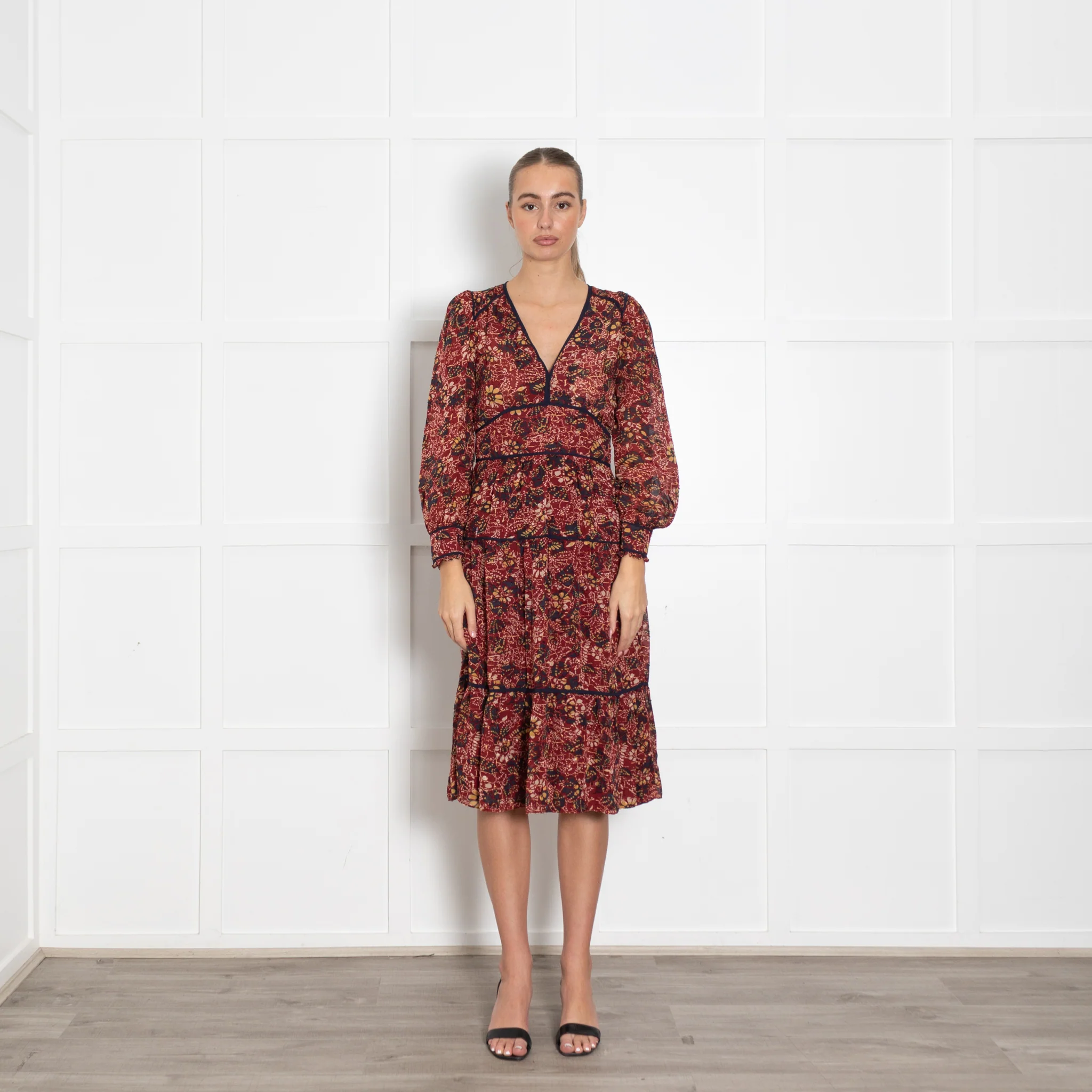 BA&SH  Red Yellow Blue Flower Print Midi Dress
