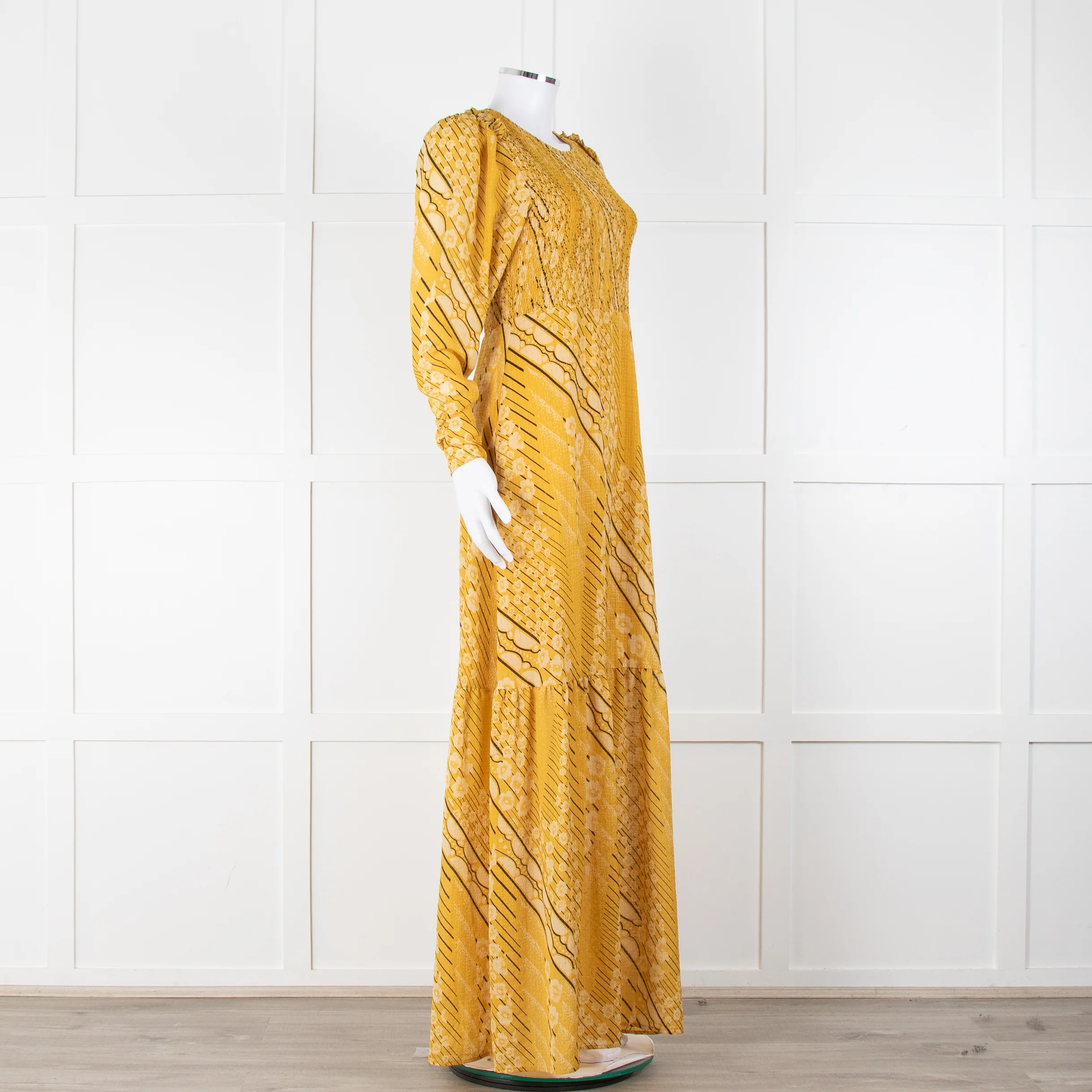 ba&sh Yellow & Black Patterned Ruched Top Maxi Dress - Image 2