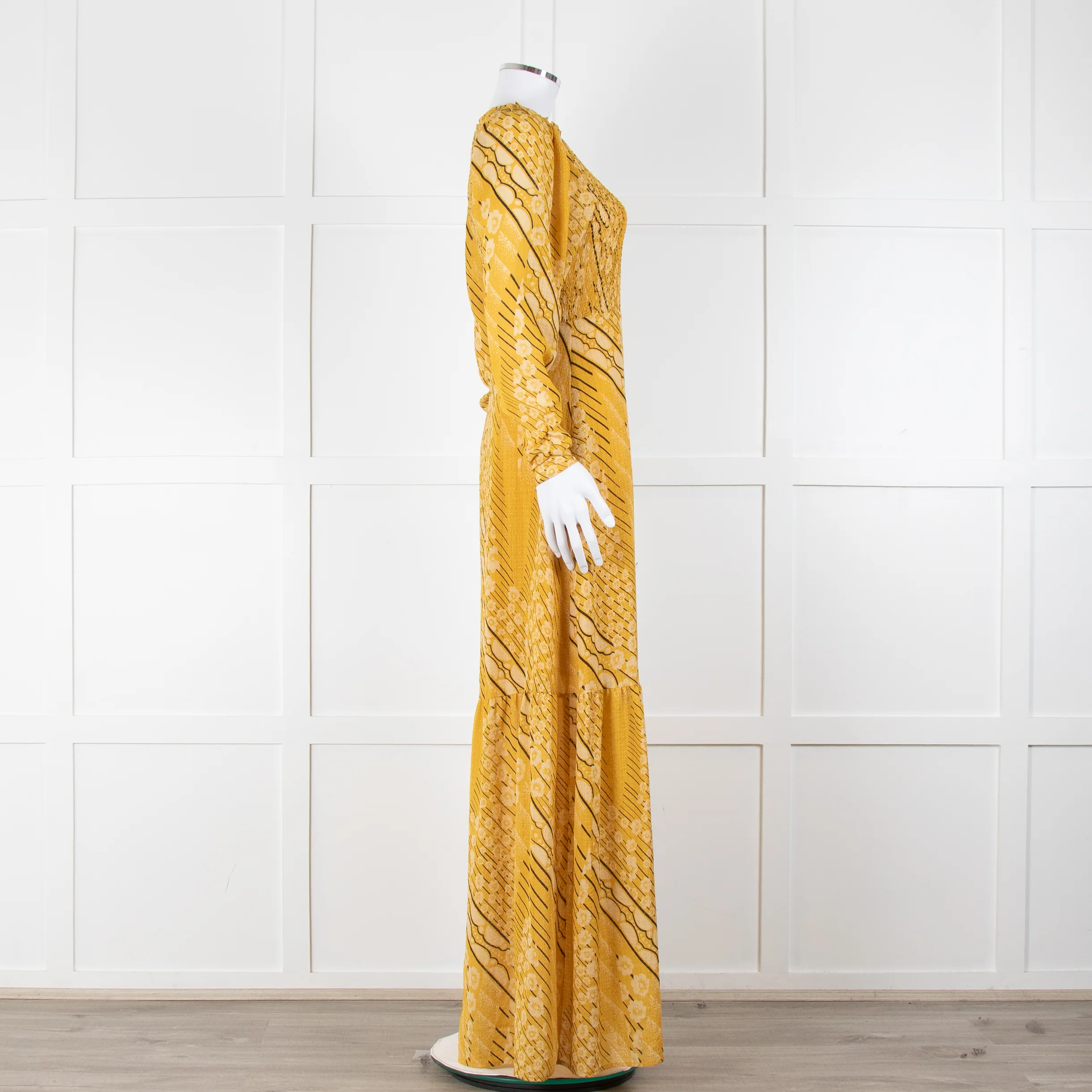 ba&sh Yellow & Black Patterned Ruched Top Maxi Dress - Image 3