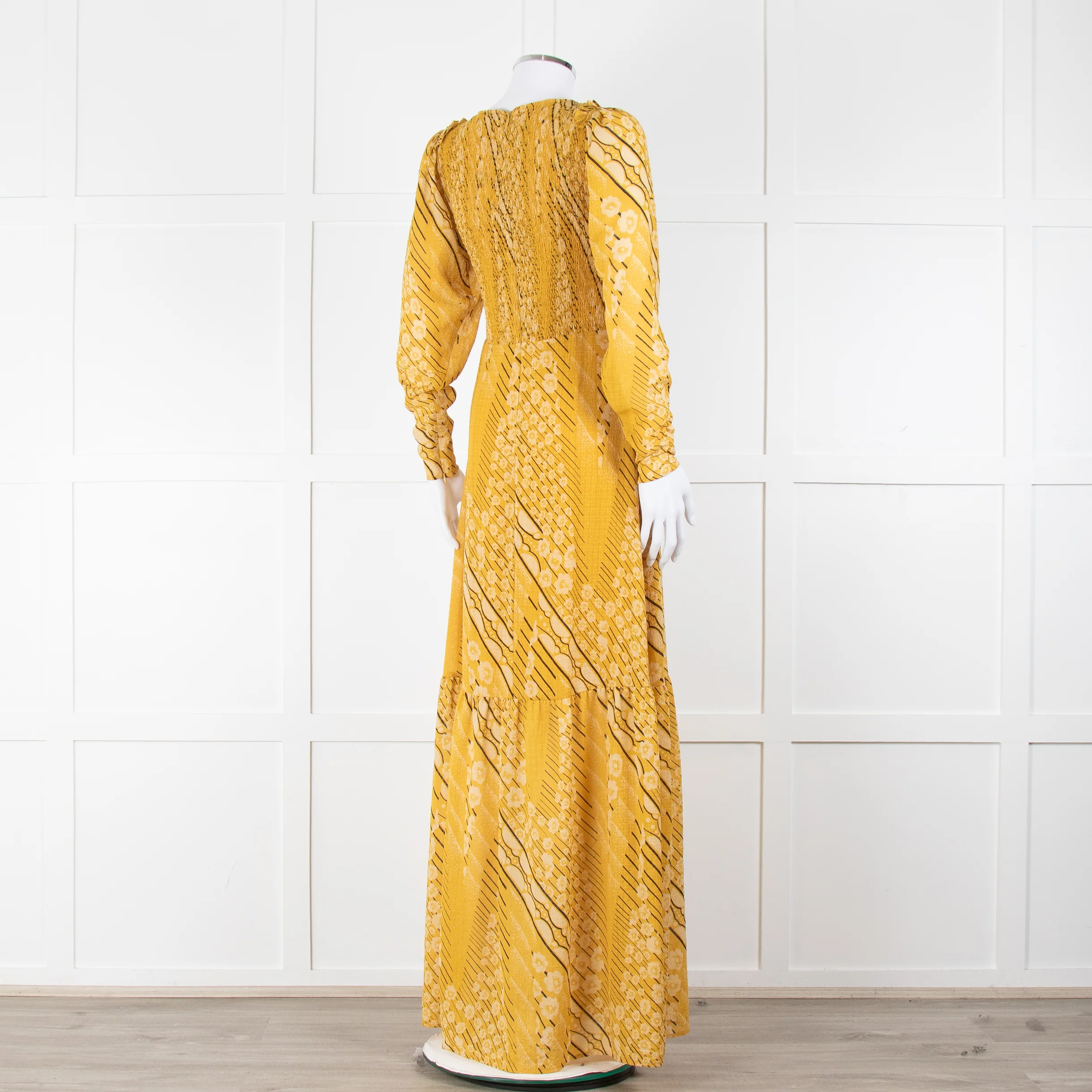 ba&sh Yellow & Black Patterned Ruched Top Maxi Dress - Image 4