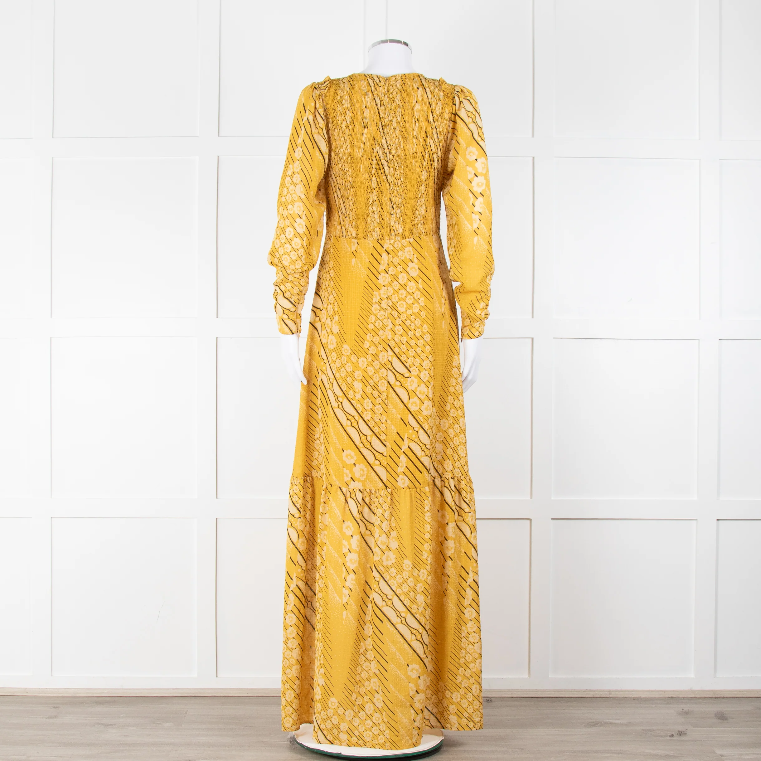 ba&sh Yellow & Black Patterned Ruched Top Maxi Dress - Image 5