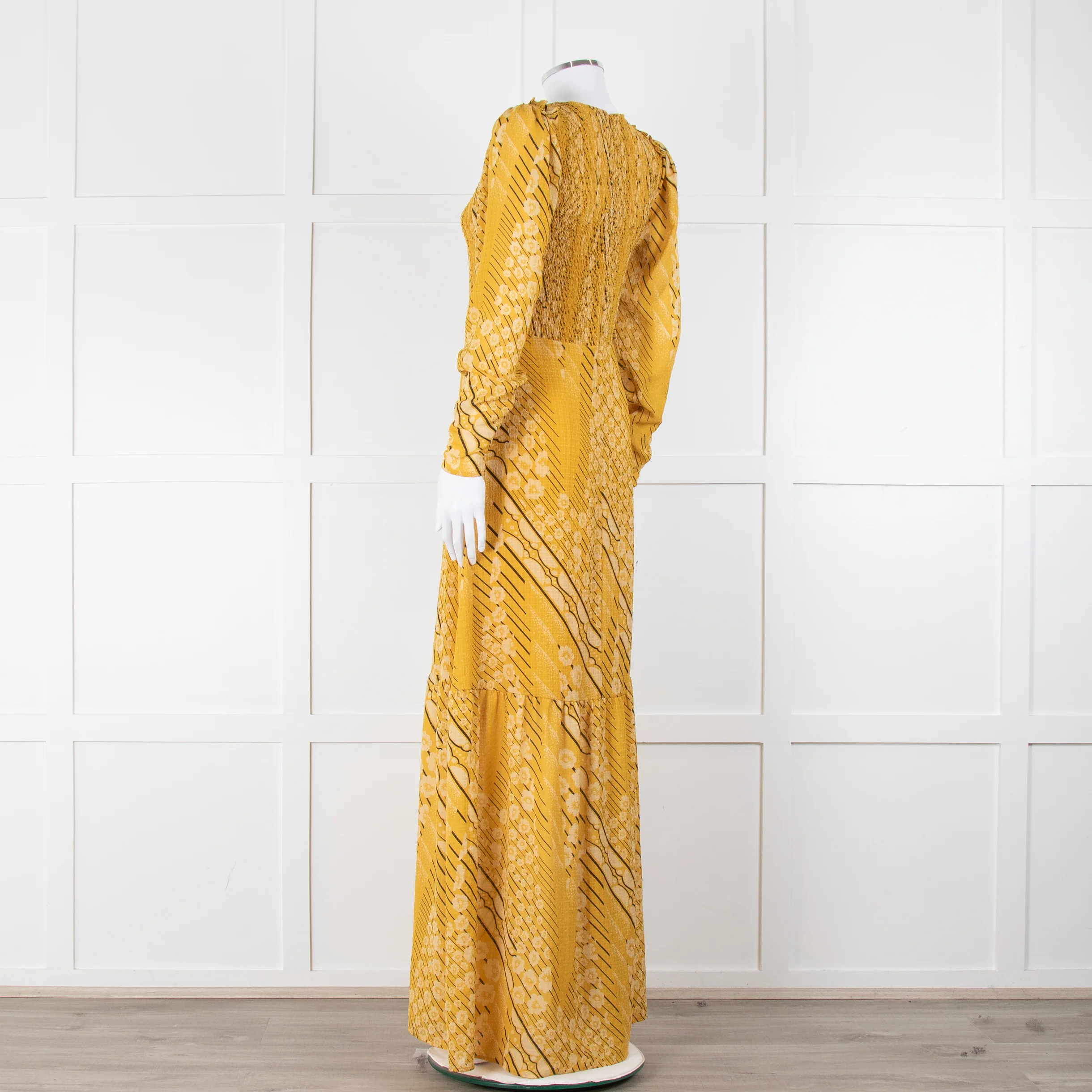 ba&sh Yellow & Black Patterned Ruched Top Maxi Dress - Image 6