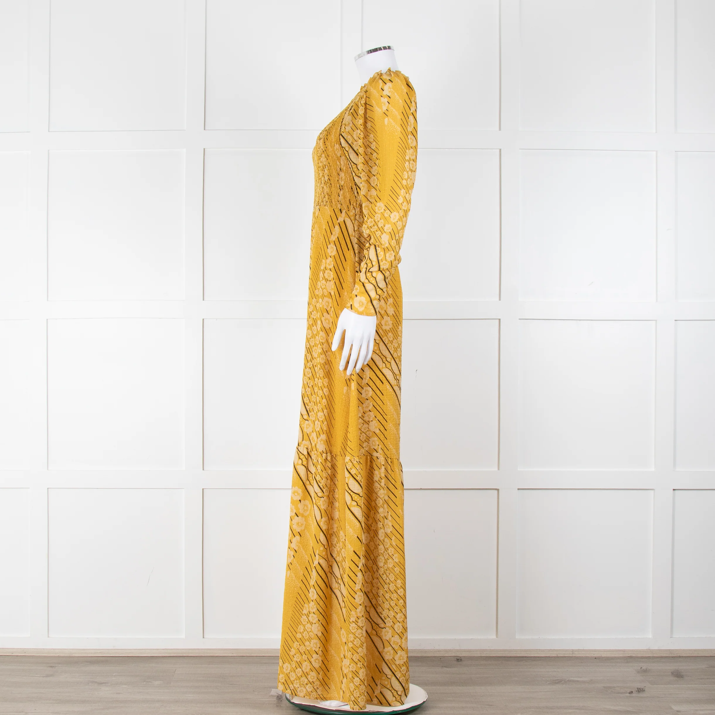 ba&sh Yellow & Black Patterned Ruched Top Maxi Dress - Image 7