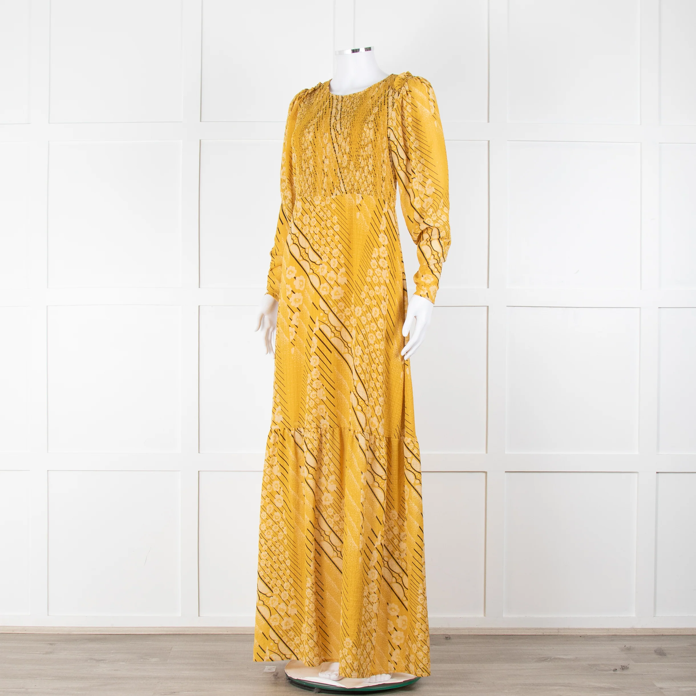 ba&sh Yellow & Black Patterned Ruched Top Maxi Dress - Image 8
