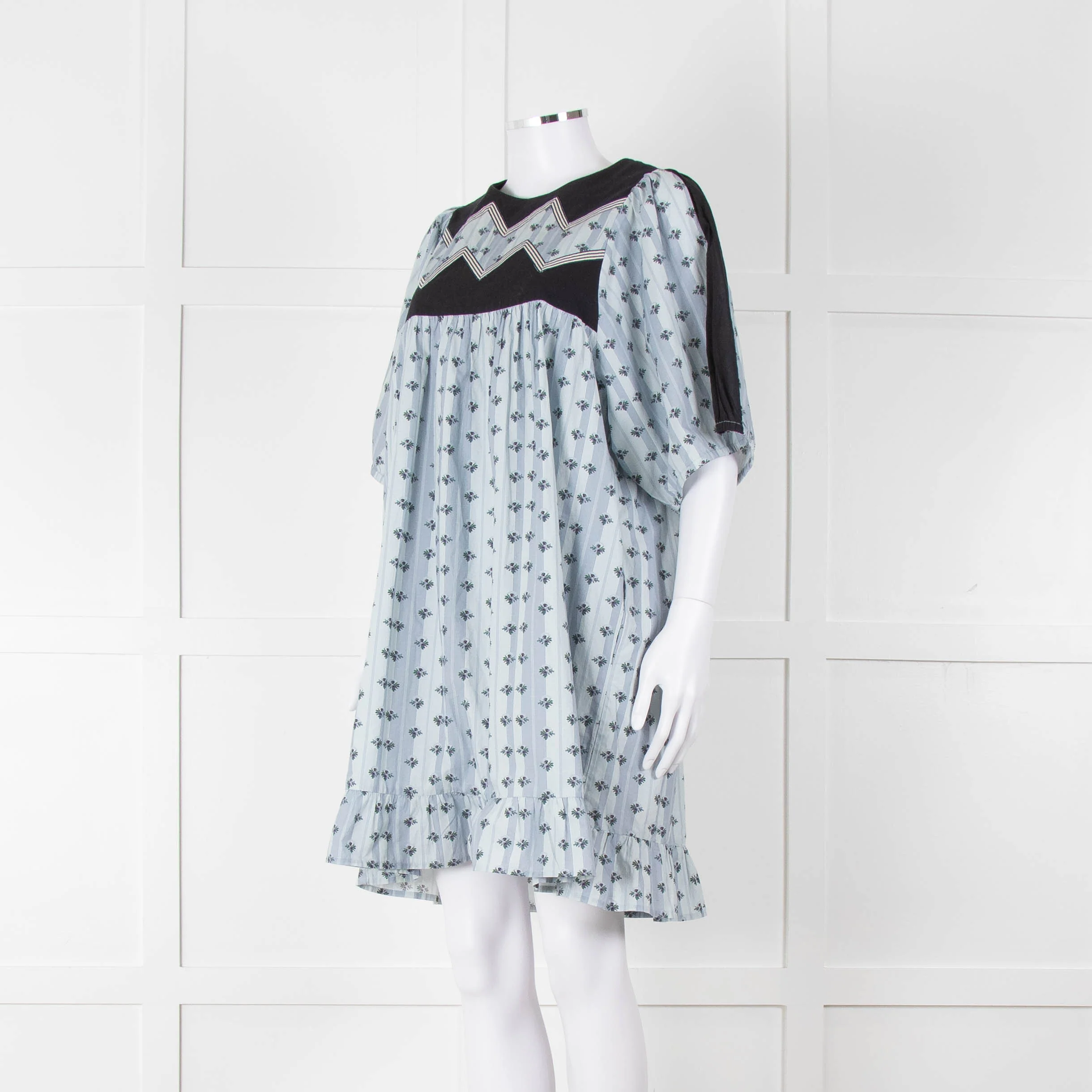 Batsheva Blue Black Floral Striped Cotton Short Dress - Image 10